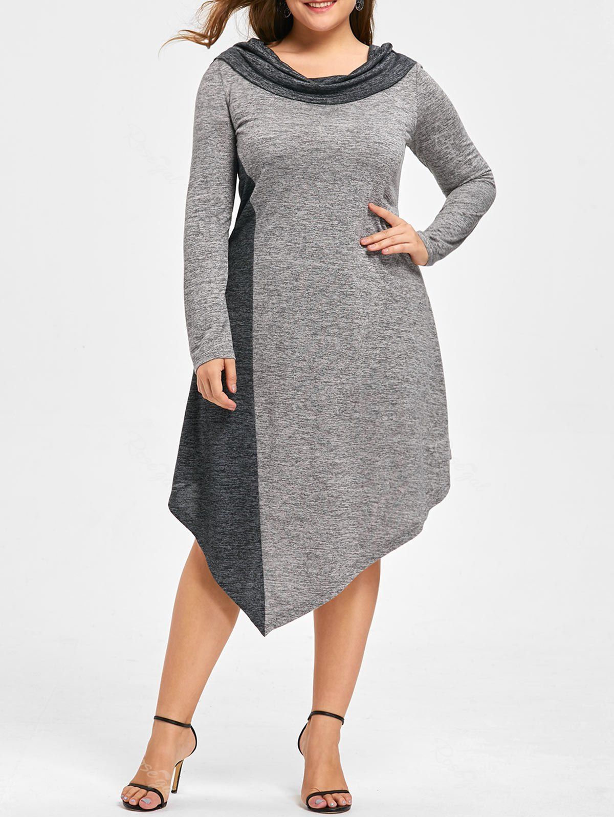 

Plus Size Marled Cowl Neck Asymmetrical Dress, Black and grey