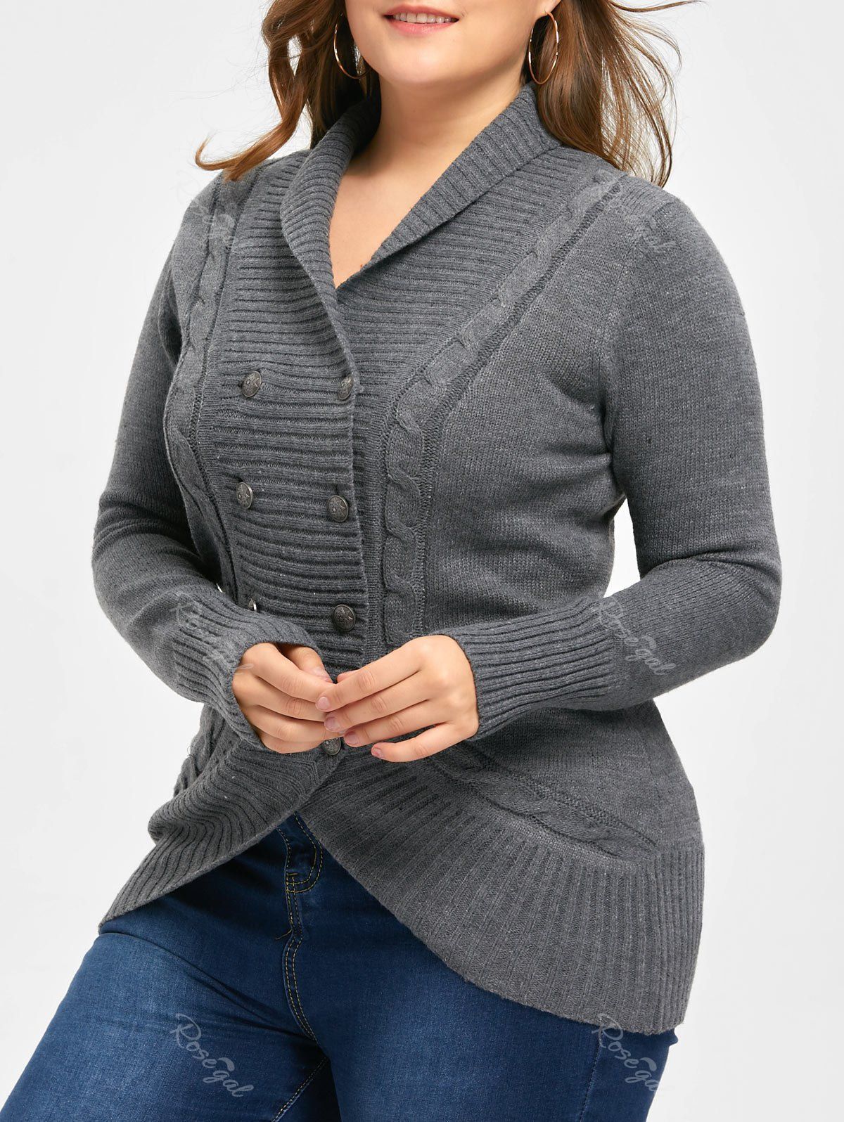 

Plus Size Double Breasted Slim Cardigan, Deep gray