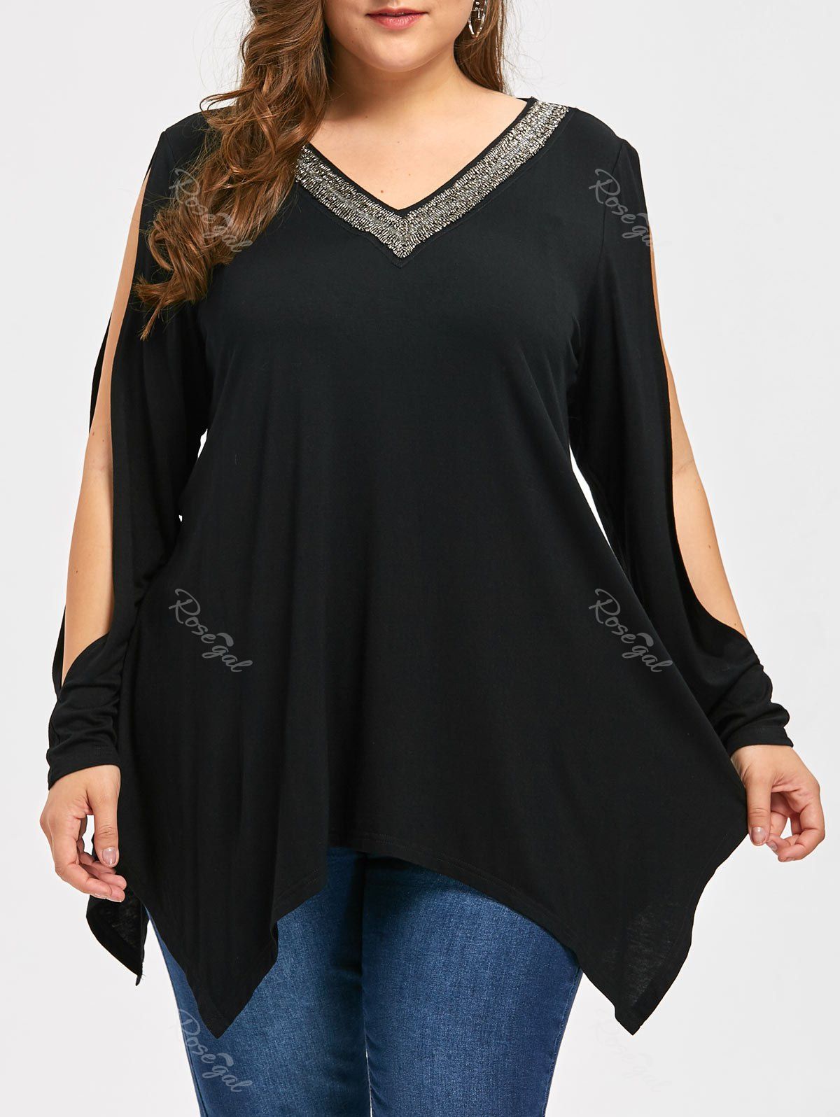 

Plus Size Slit Sleeve Handkerchief T-shirt, Black