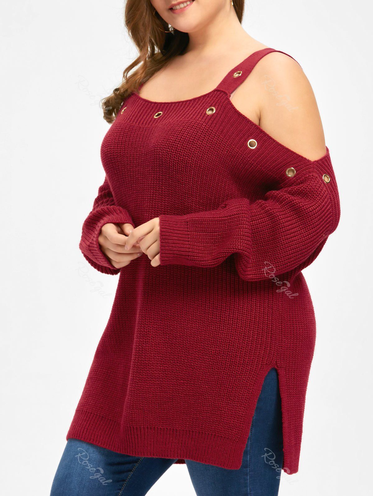 

Plus Size Grommets Cold Shoulder Sweater, Wine red