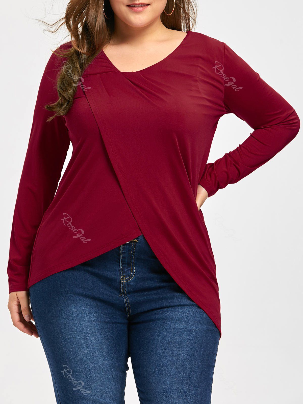 

Plus Size Long Sleeve Irregular T-shirt, Red