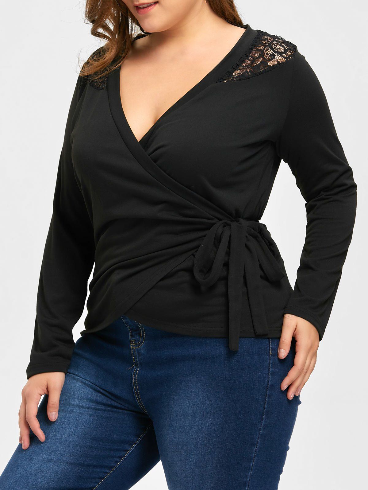 

Plus Size Lace Trim Slim Wrap Top, Black