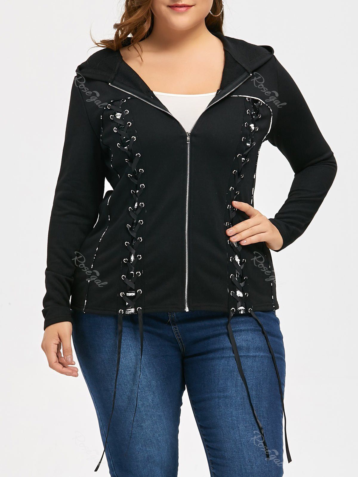

Hooded Double Lace-up Plus Size Zip Up Coat, Black