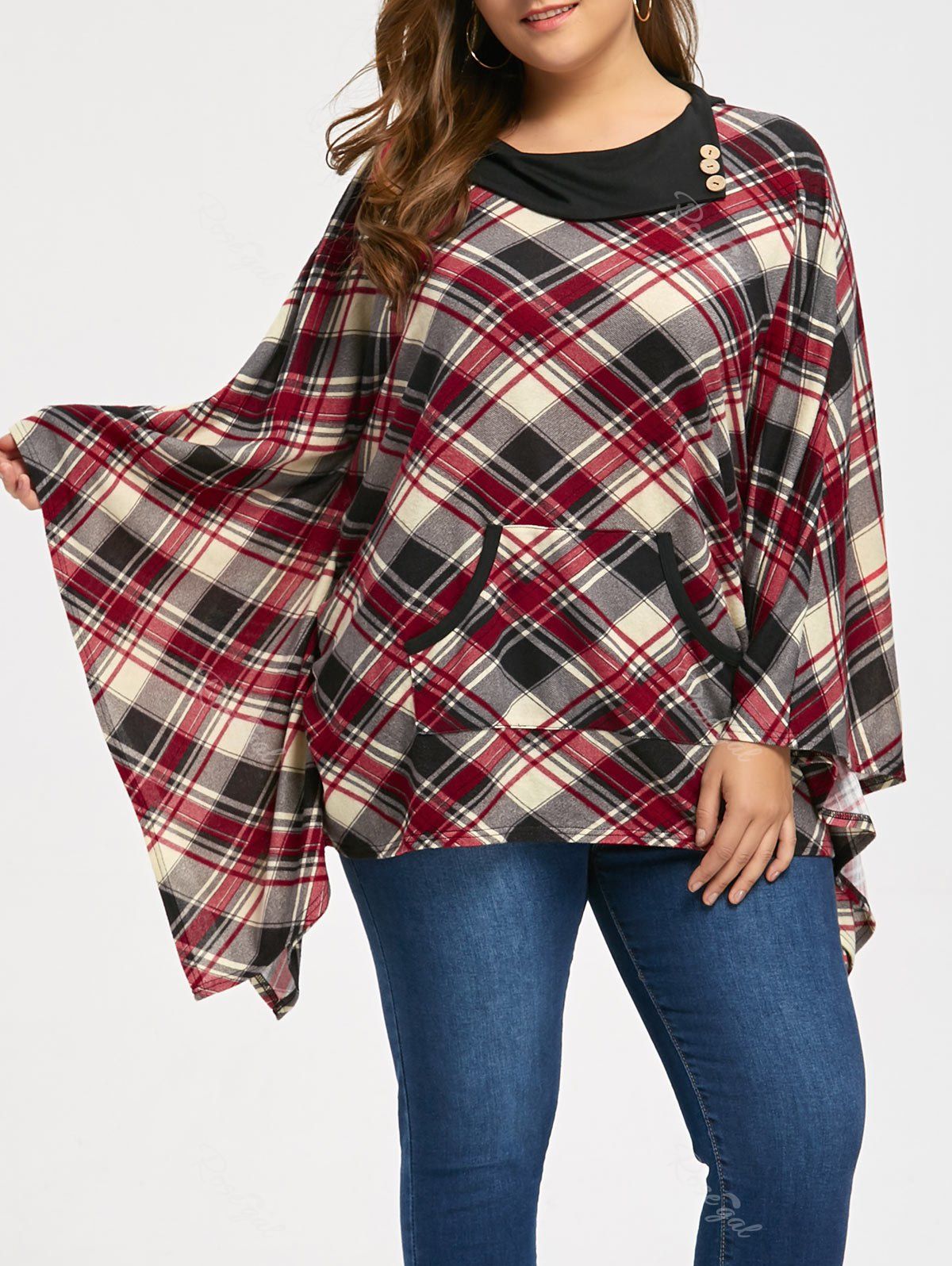 

Plaid Kangaroo Pocket Plus Size Cape Top, Checked