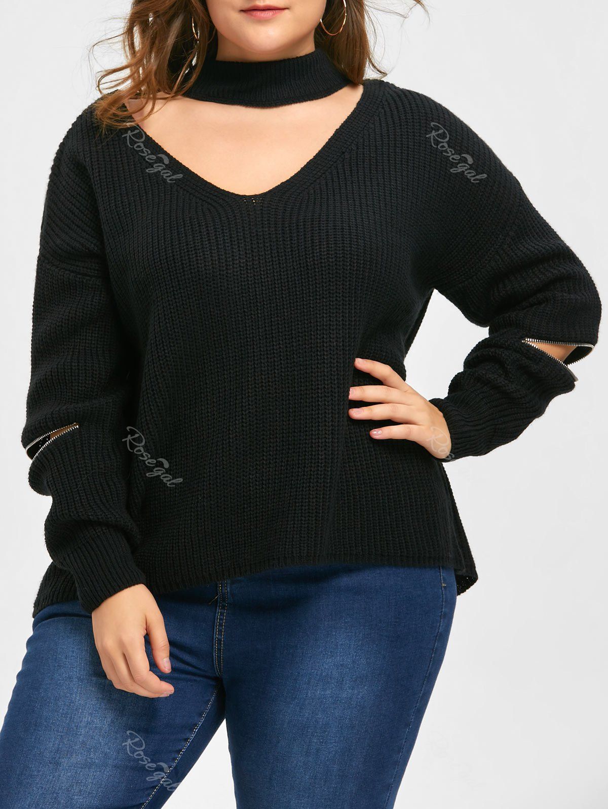 

Plus Size Zip Sleeve Choker V Neck Sweater, Black
