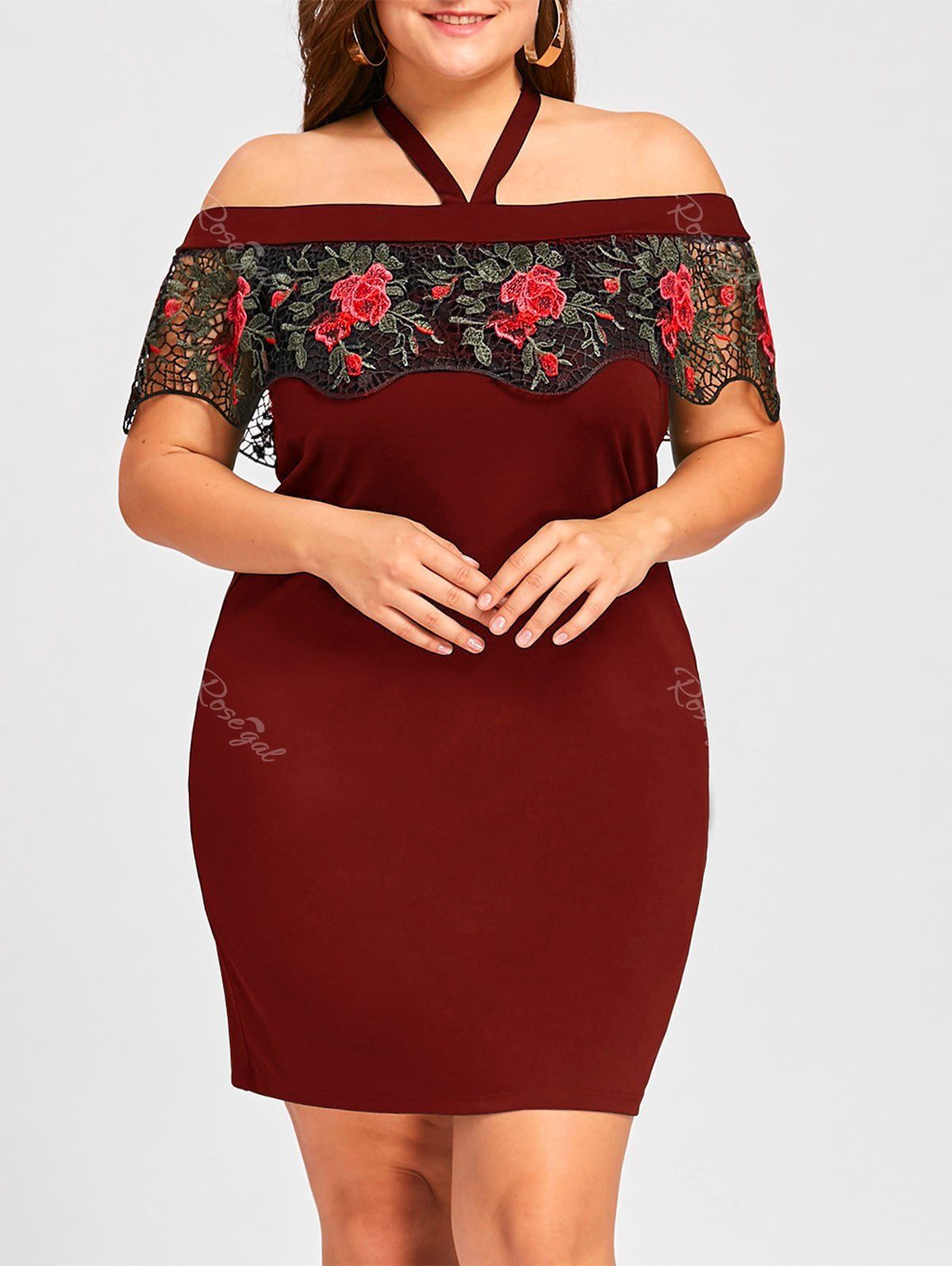 31 Off Plus Size Halter Embroidery Mini Tight Dress Rosegal 3701