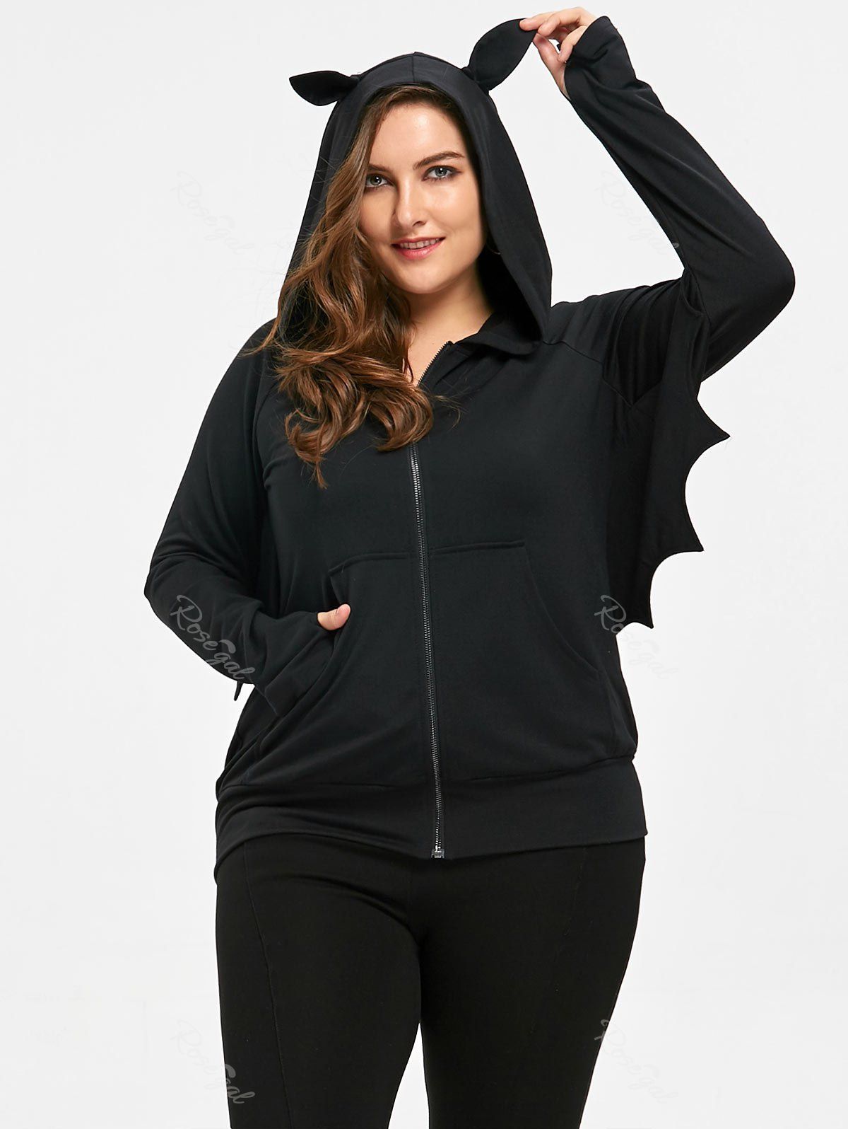 

Halloween Plus Size Kangaroo Pocket Batwing Sleeve Hoodie, Black