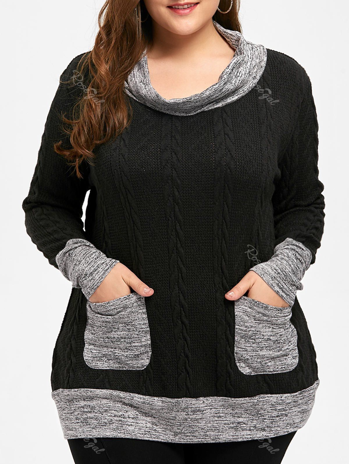 

Plus Size Cable Knitted Cowl Neck Sweater, Black