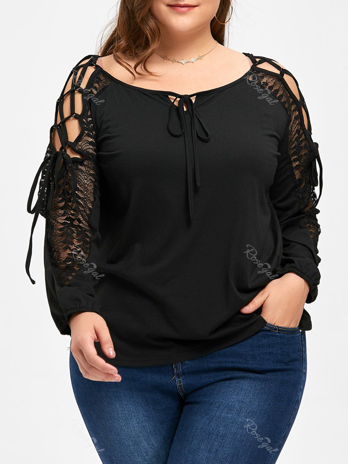 

Plus Size Cutout Lace Up Top, Black