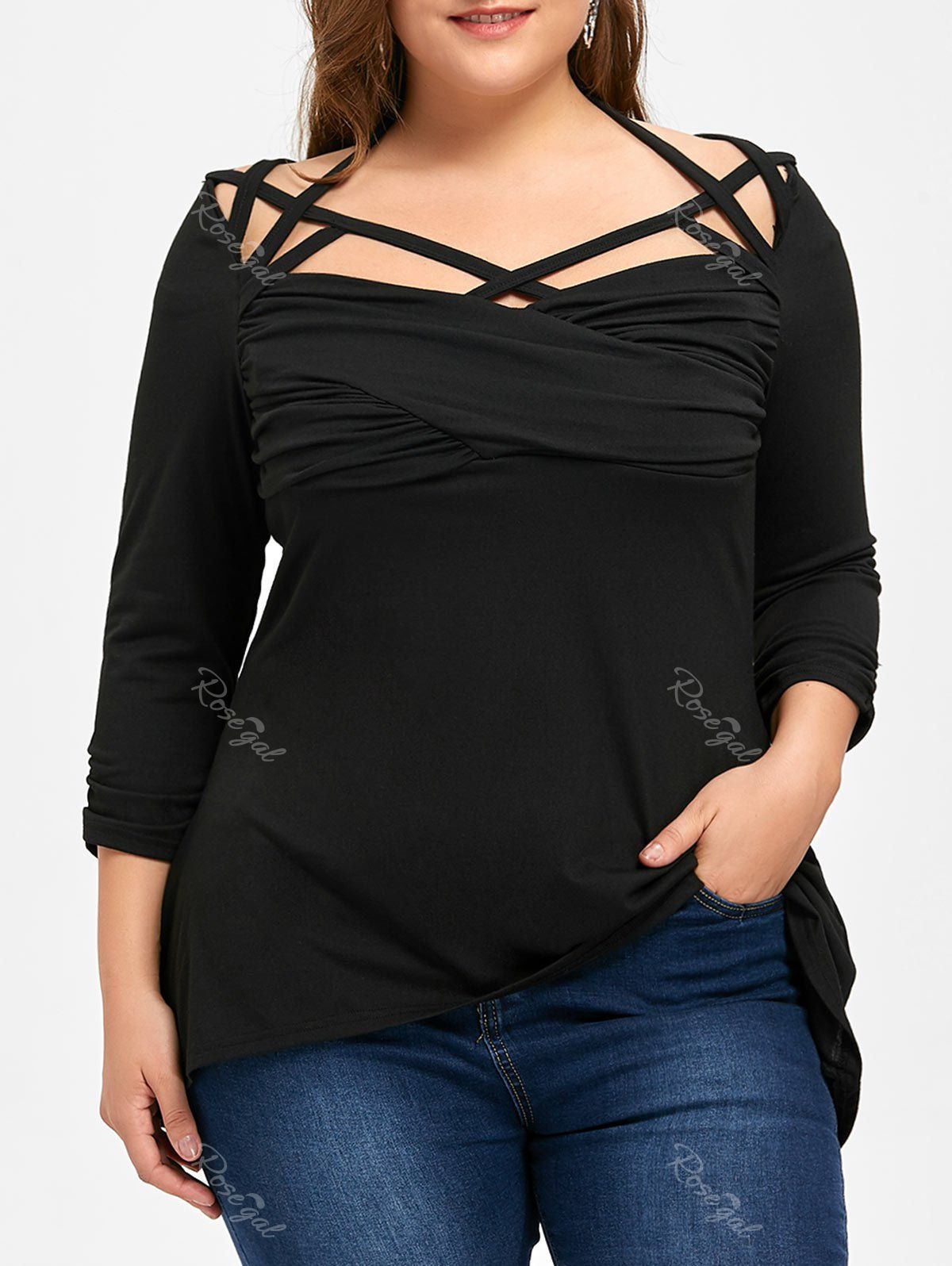 

Plus Size Ruched Twist Front Strappy Top, Black