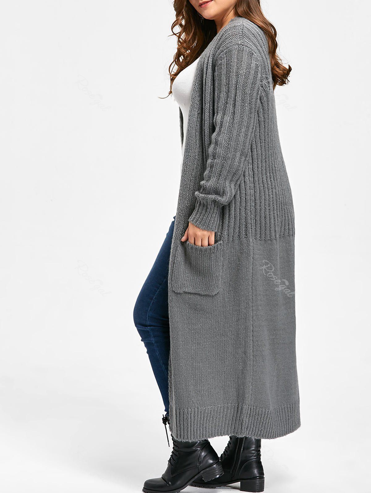 

Plus Size Ribbed Two Pockets Long Collarless Cardigan, Gray