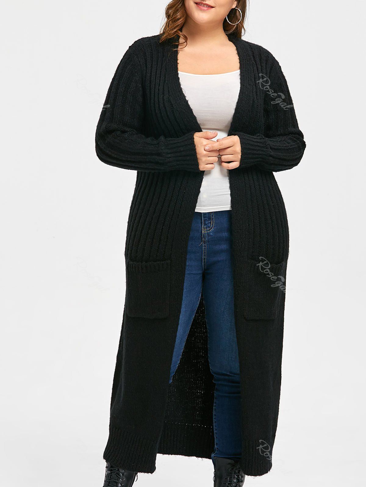 

Plus Size Ribbed Two Pockets Long Collarless Cardigan, Black