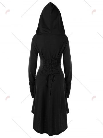 

Hooded Lace-up Long Sleeve High Low Dress, Black