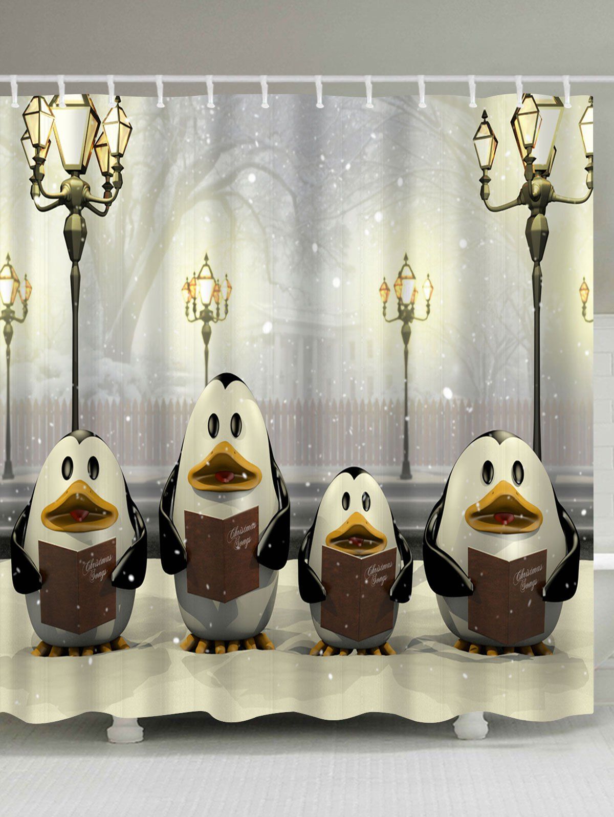 

Christmas Street Lamp Penguin Waterproof Shower Curtain, Light yellow