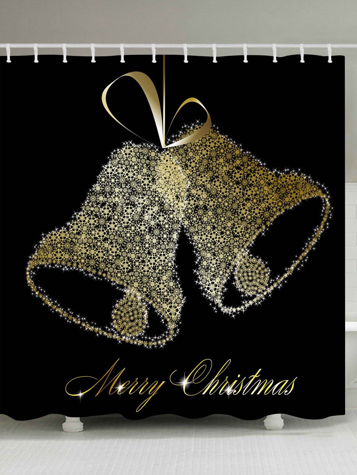 

Merry Christmas Bell Print Waterproof Bath Curtain, Black