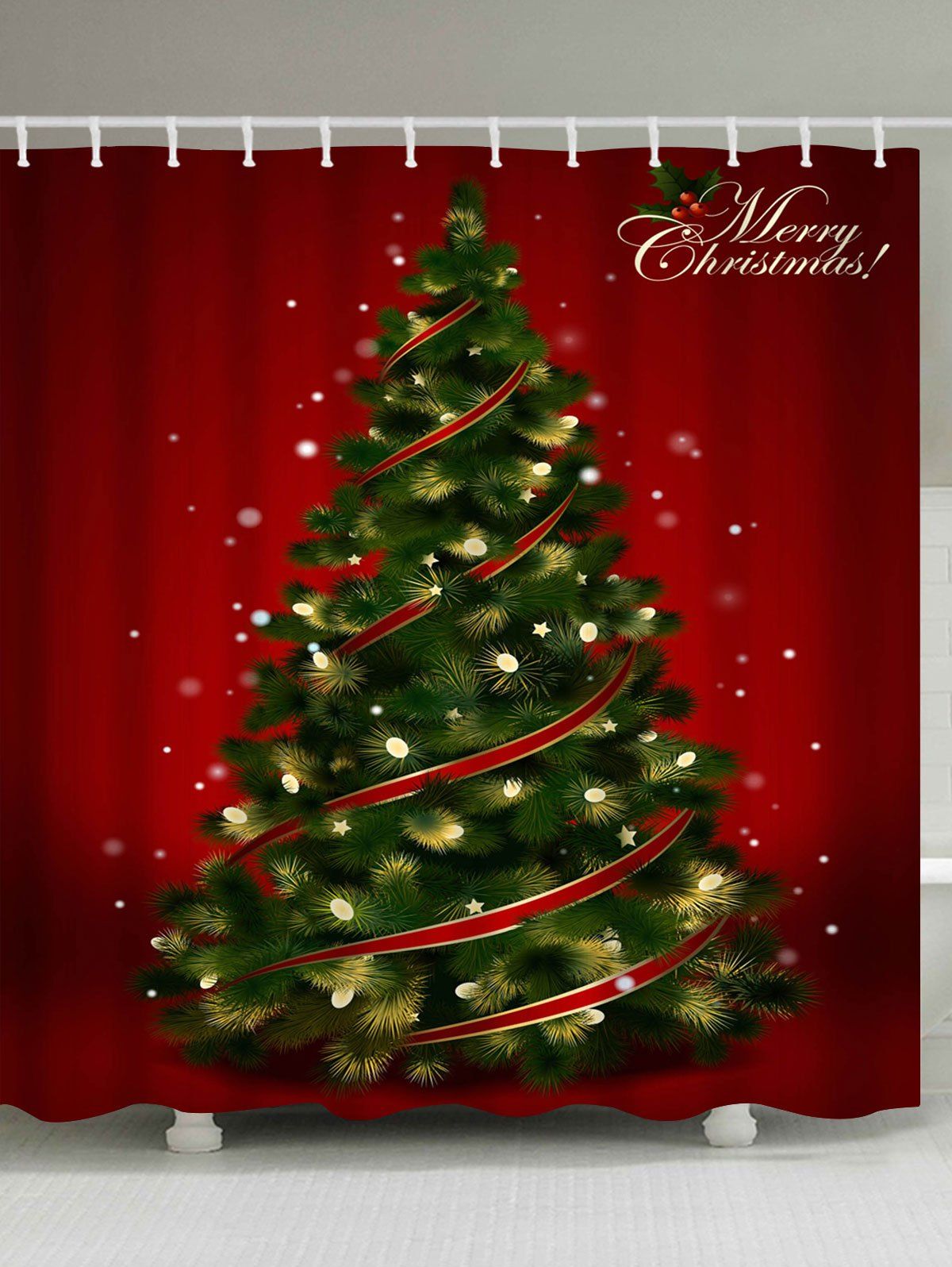 

Polyester Waterproof Christmas Tree Print Bath Curtain, Red