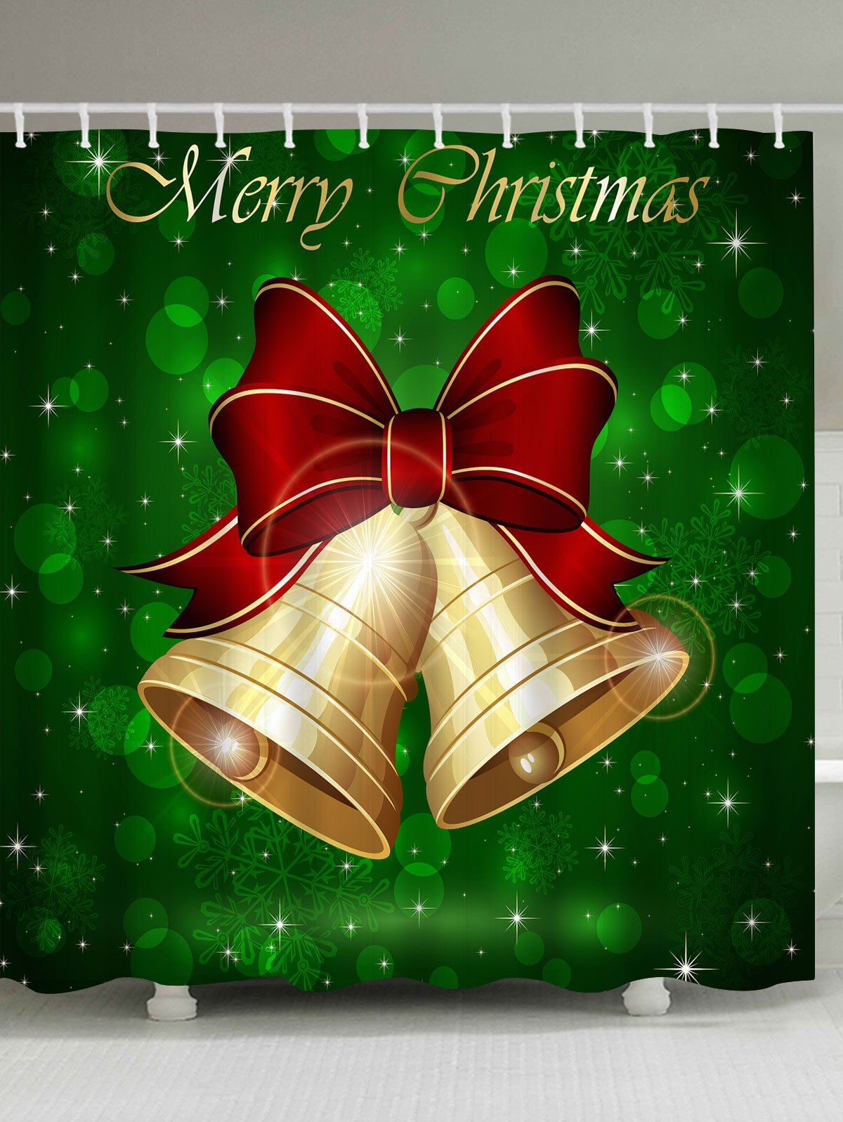 

Merry Christmas Bell Printed Waterproof Bath Curtain, Green
