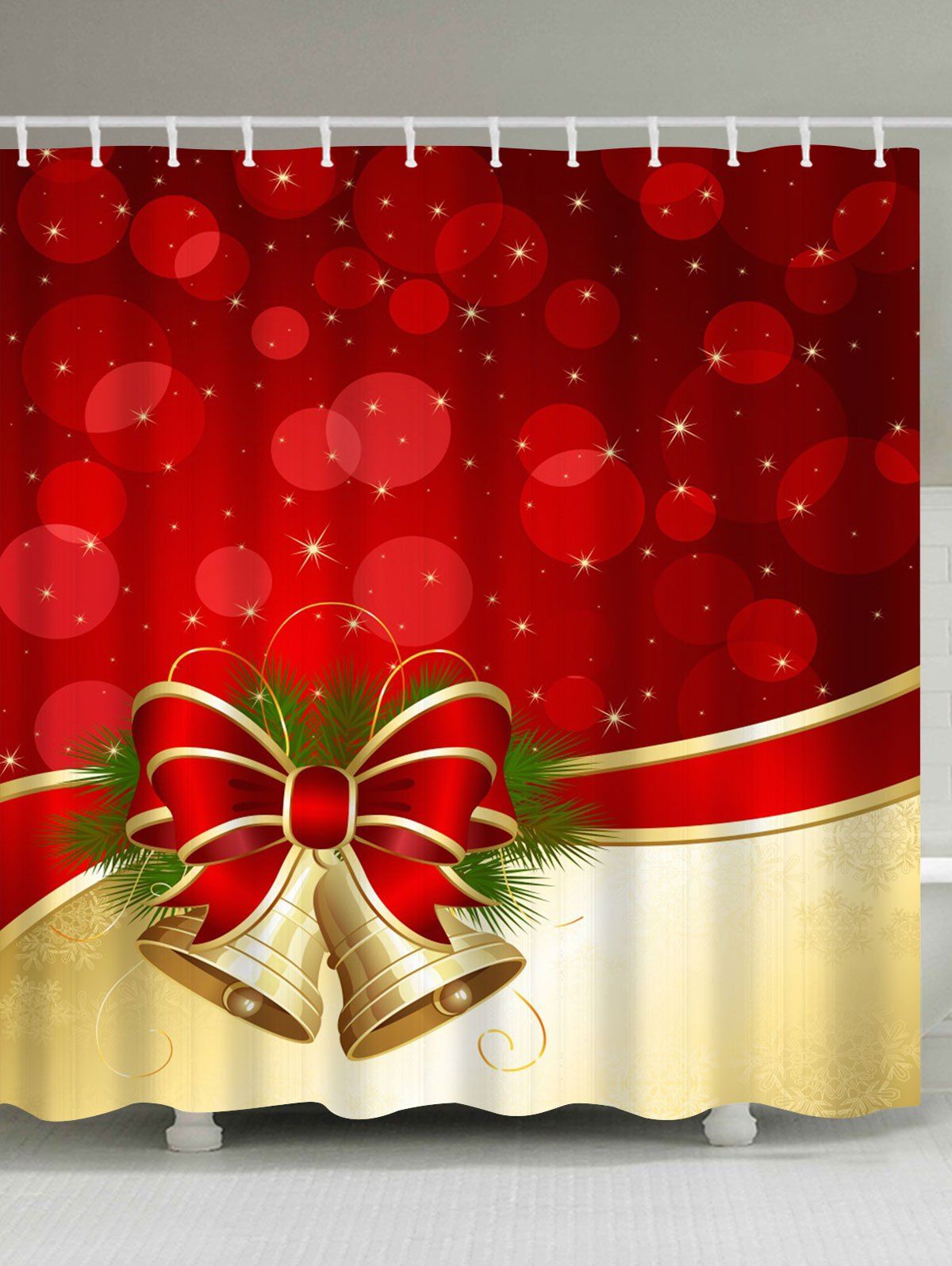 

Christmas Bowknot Bell Waterproof Bath Curtain, Red + golden