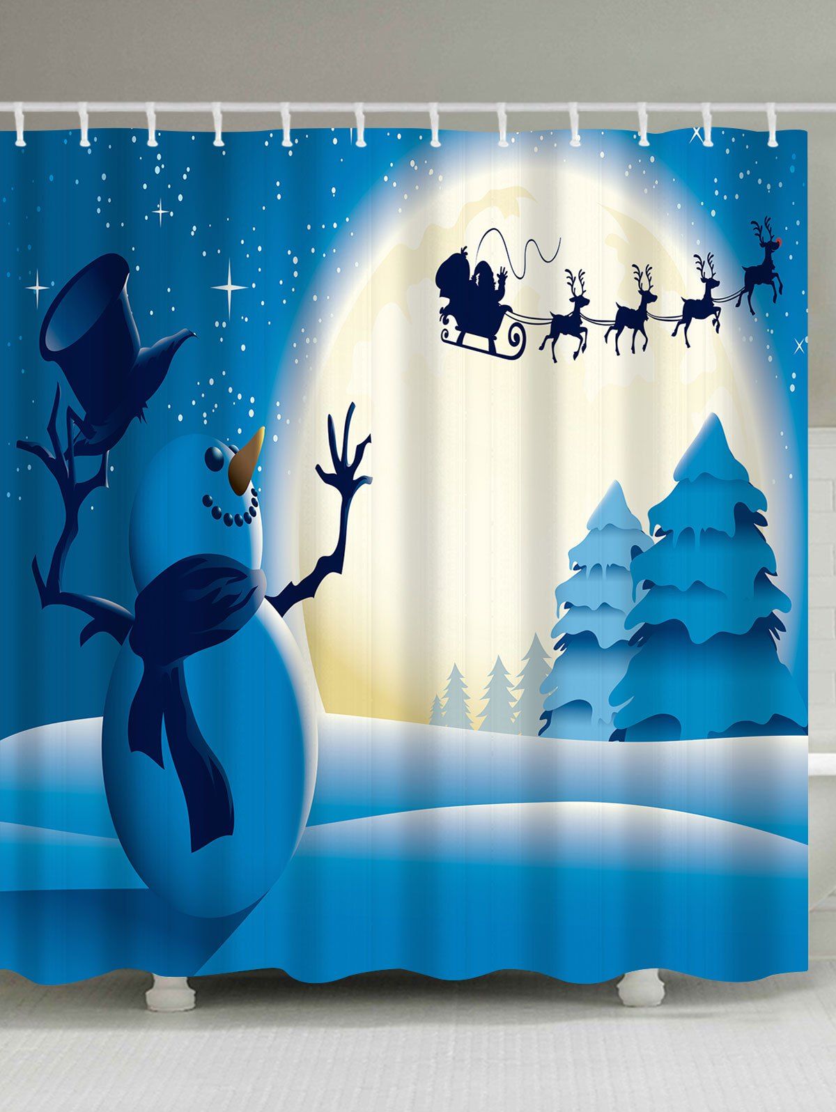 

Moon Christmas Snowman Waterproof Bath Curtain, Blue