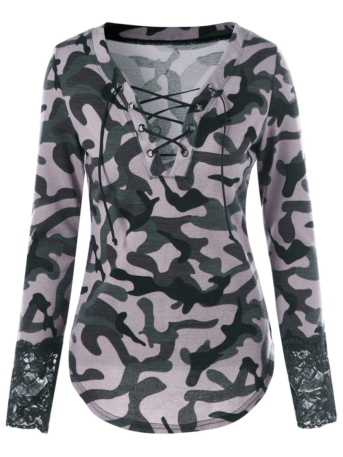 

Lace Up Plunging Camouflage T-shirt, Acu camouflage