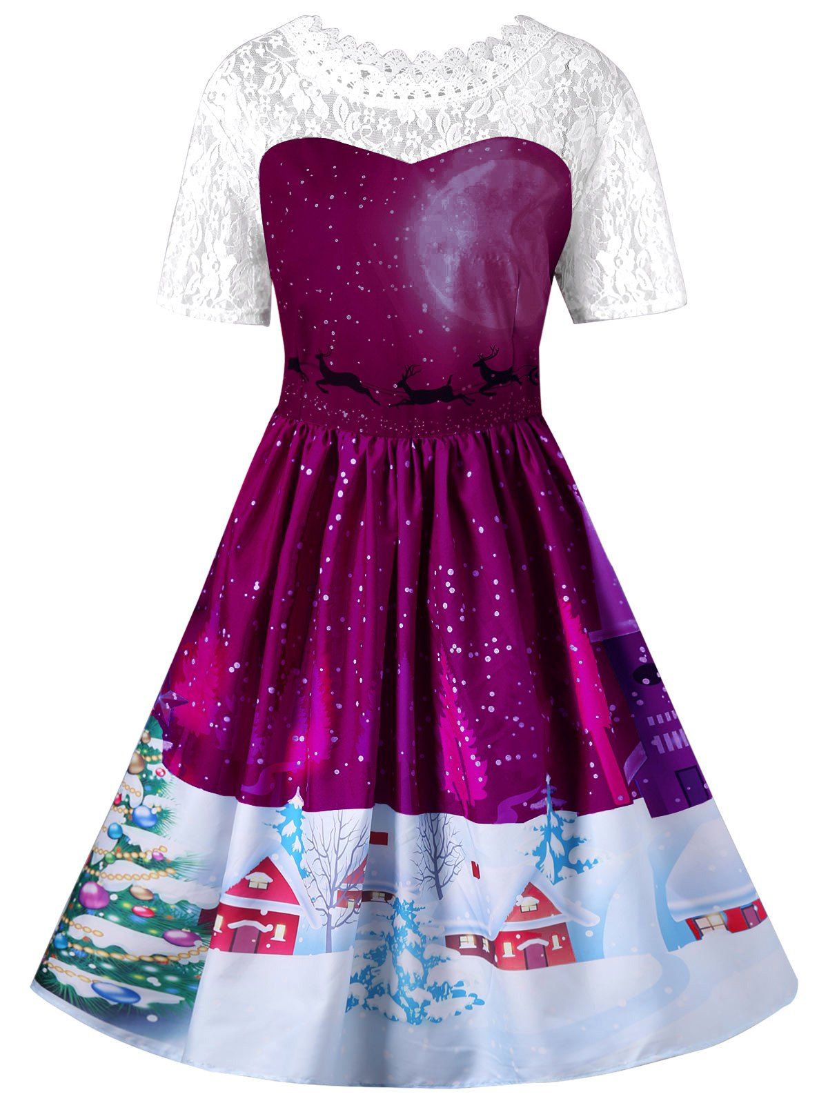 

Vintage Christmas Graphic Lace Yoke Swing Dress, Violet rose