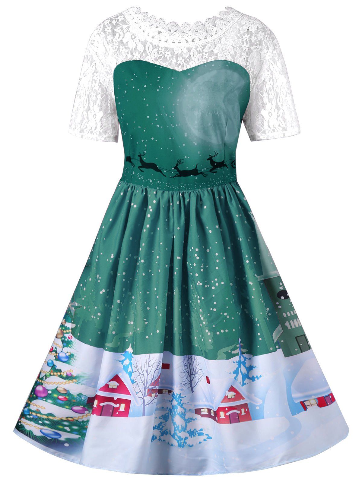 

Vintage Christmas Graphic Lace Yoke Swing Dress, Green