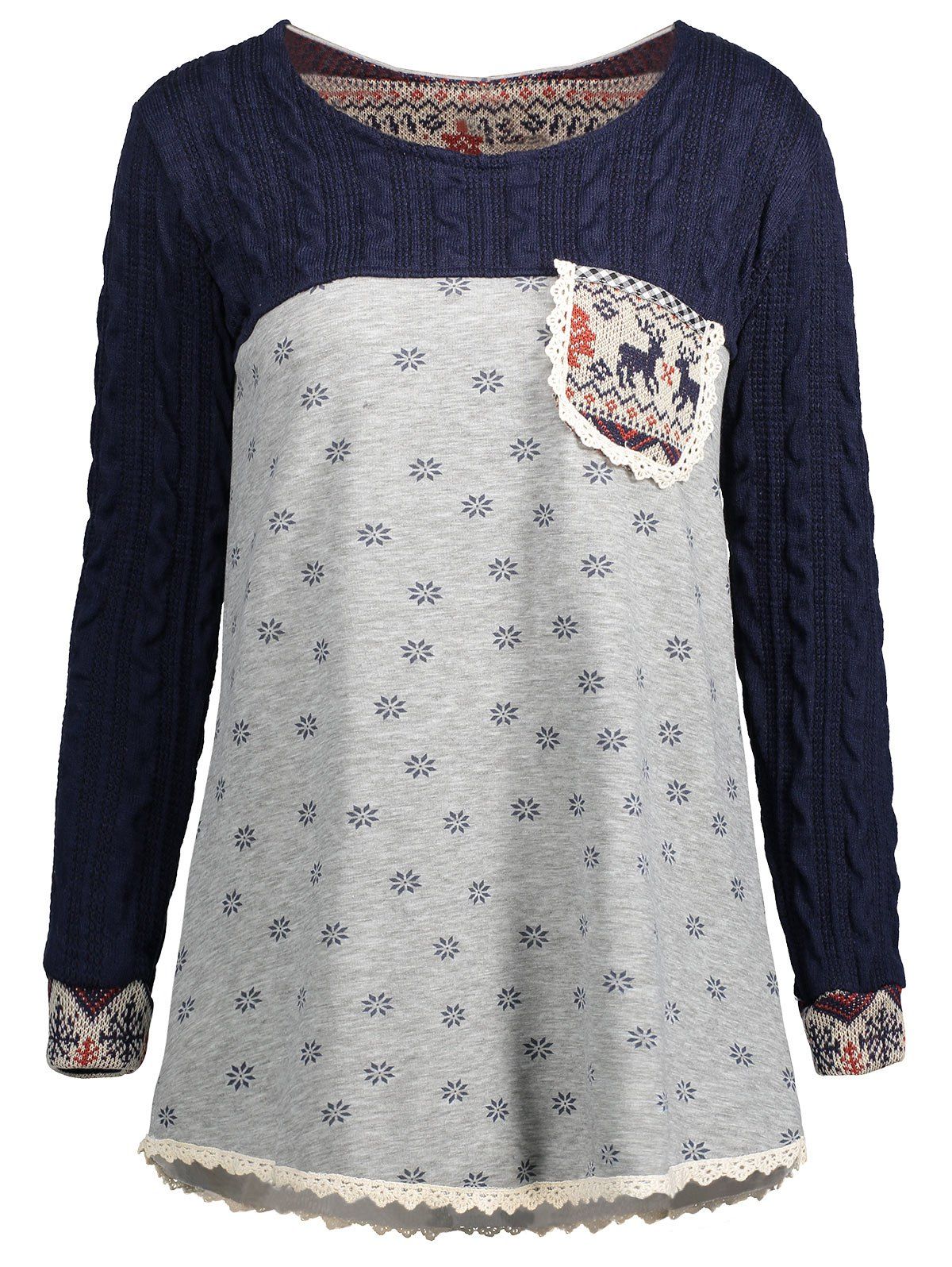 

Lace Insert Snowflake Print Christmas Tunic Sweater, Light gray