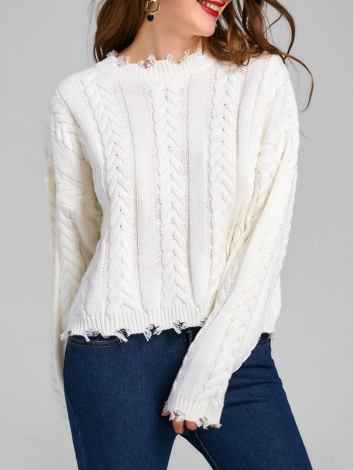 

Cable Knit Drop Shoulder Frayed Sweater, White