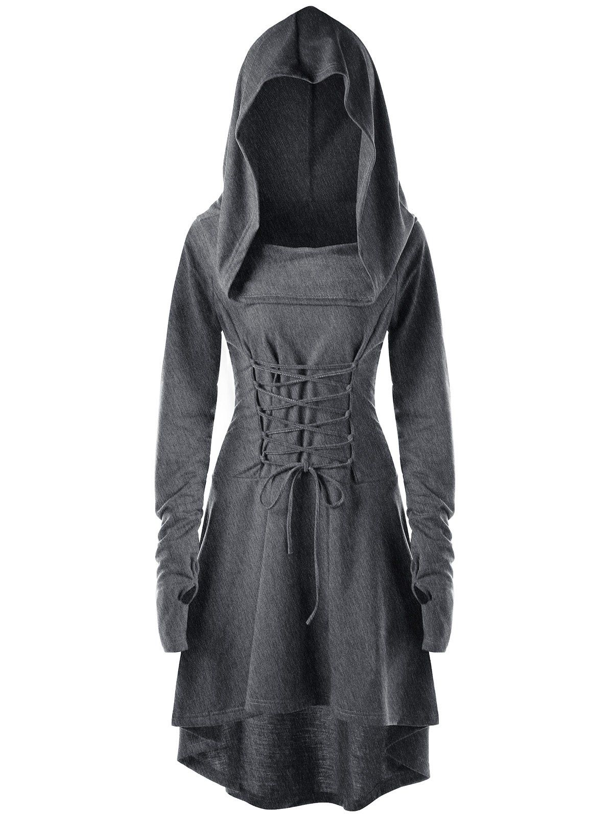 

Hooded Lace-up Long Sleeve High Low Dress, Dark heather gray