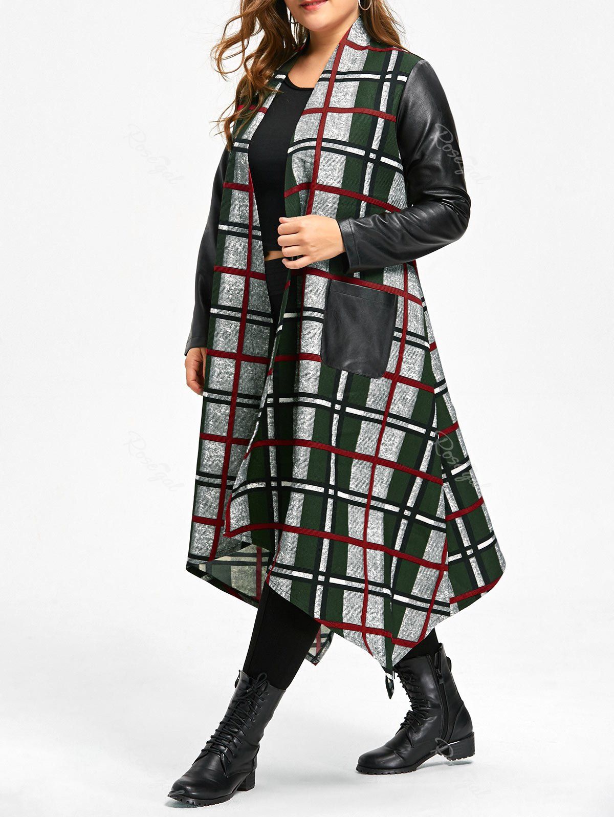 

Plus Size Leather Insert Plaid Longline Asymmetrical Coat, Colormix