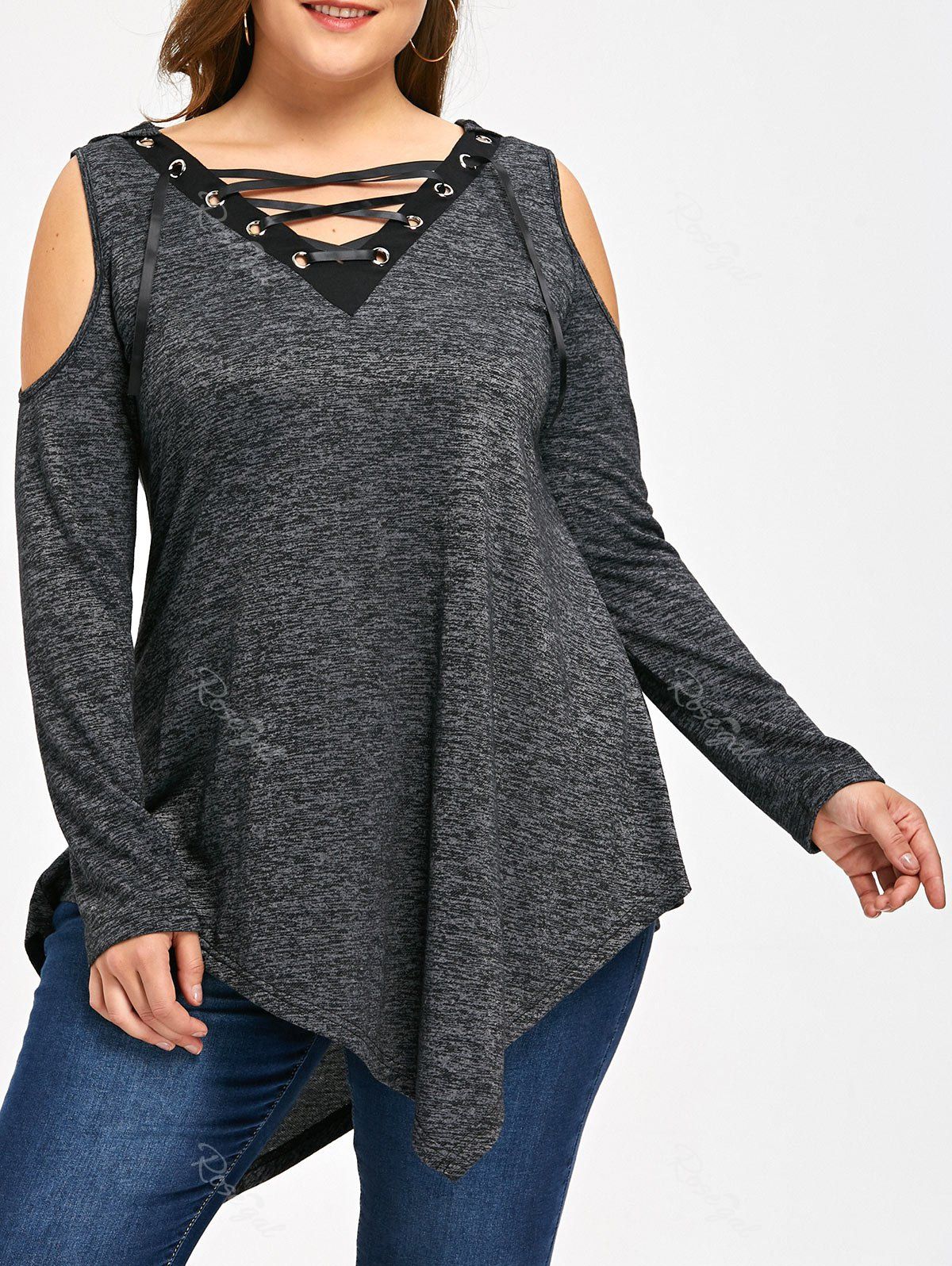 

Lace Up Cold Shoulder Handkerchief Plus Size Hoodie, Deep gray