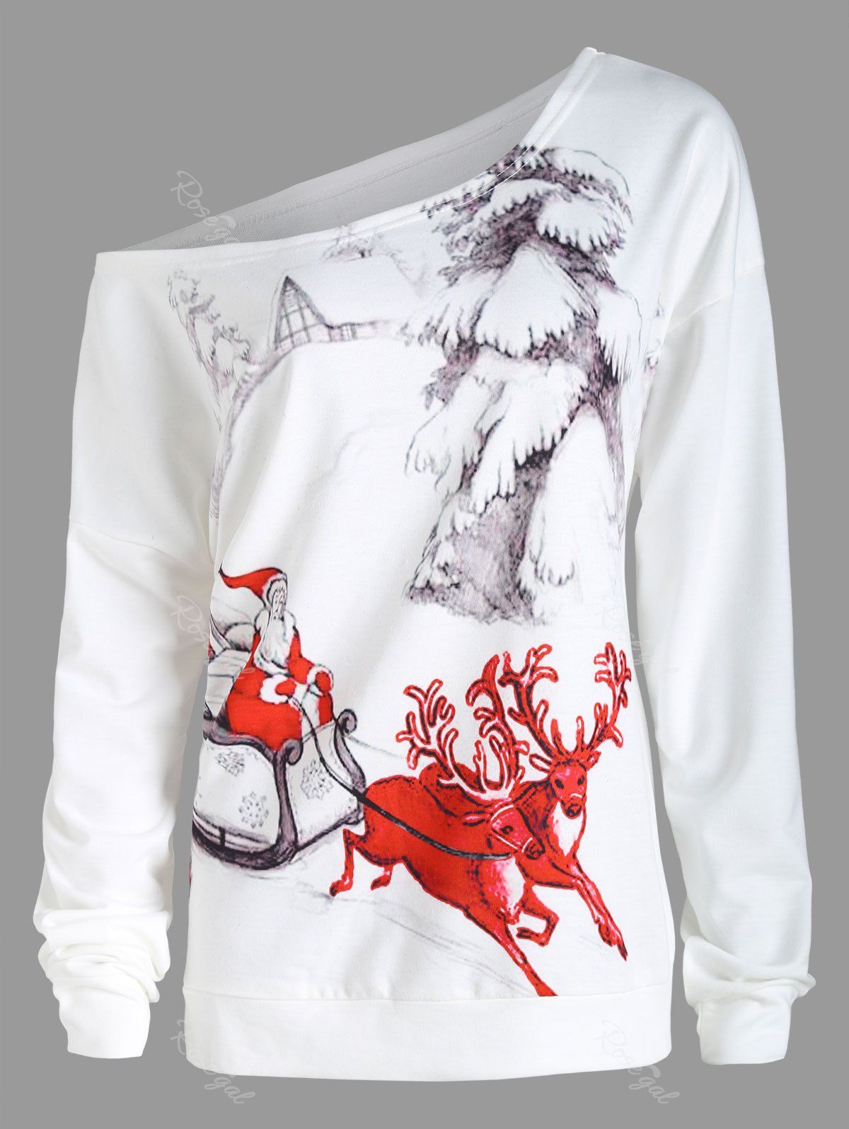 

Christmas Sleigh Plus Size Skew Neck Sweatshirt, White