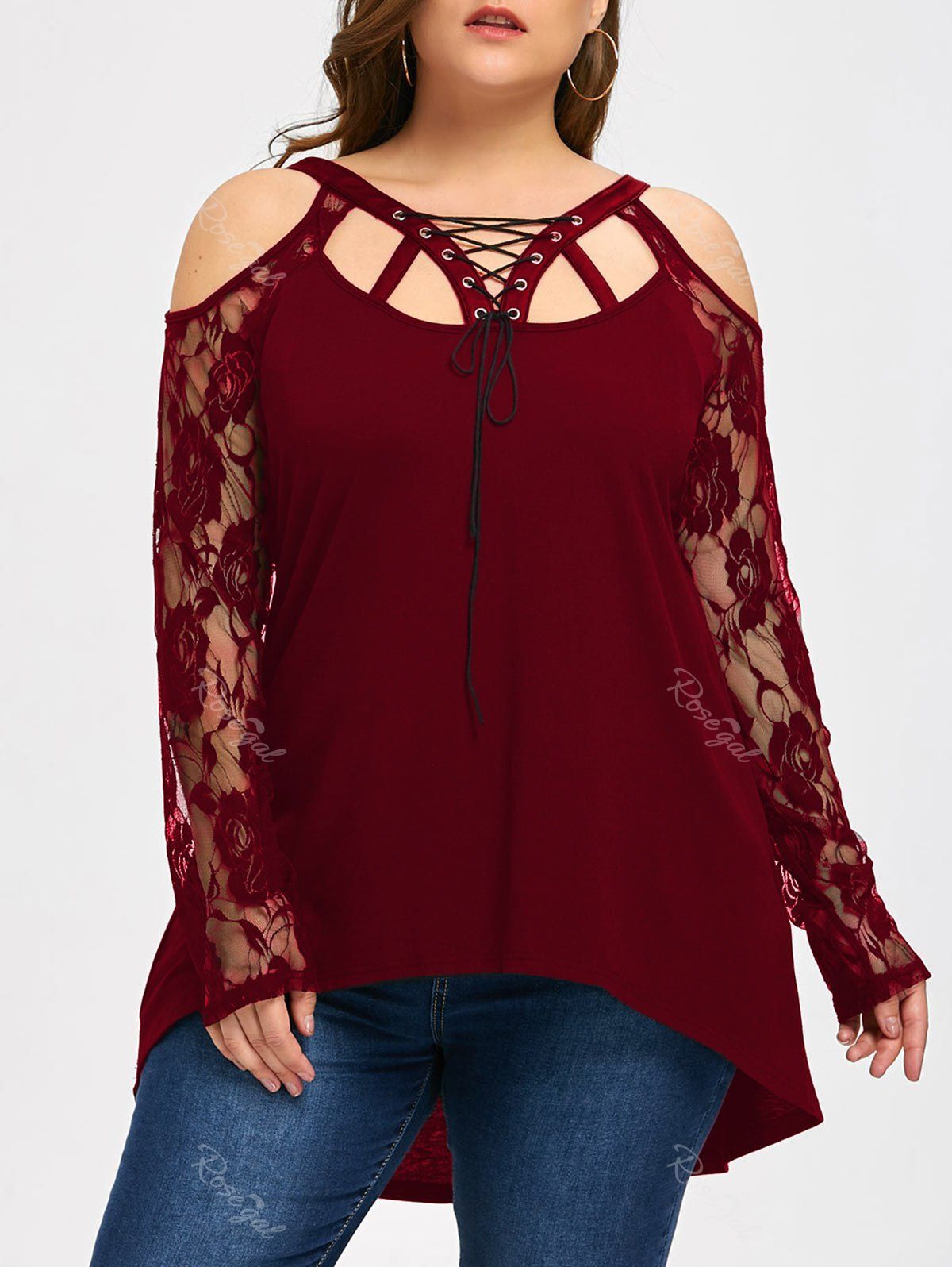 

Halloween Plus Size Lace Trim Cold Shoulder Top, Wine red