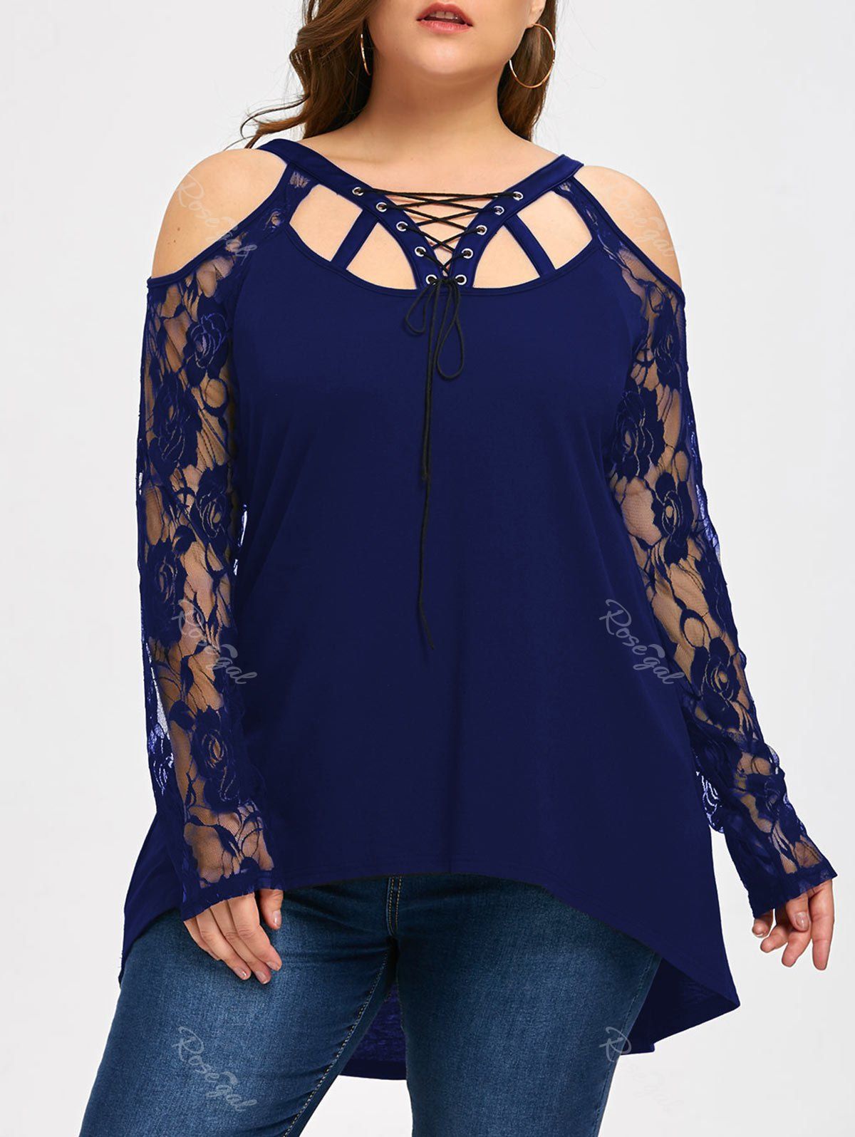 

Halloween Plus Size Lace Trim Cold Shoulder Top, Cerulean
