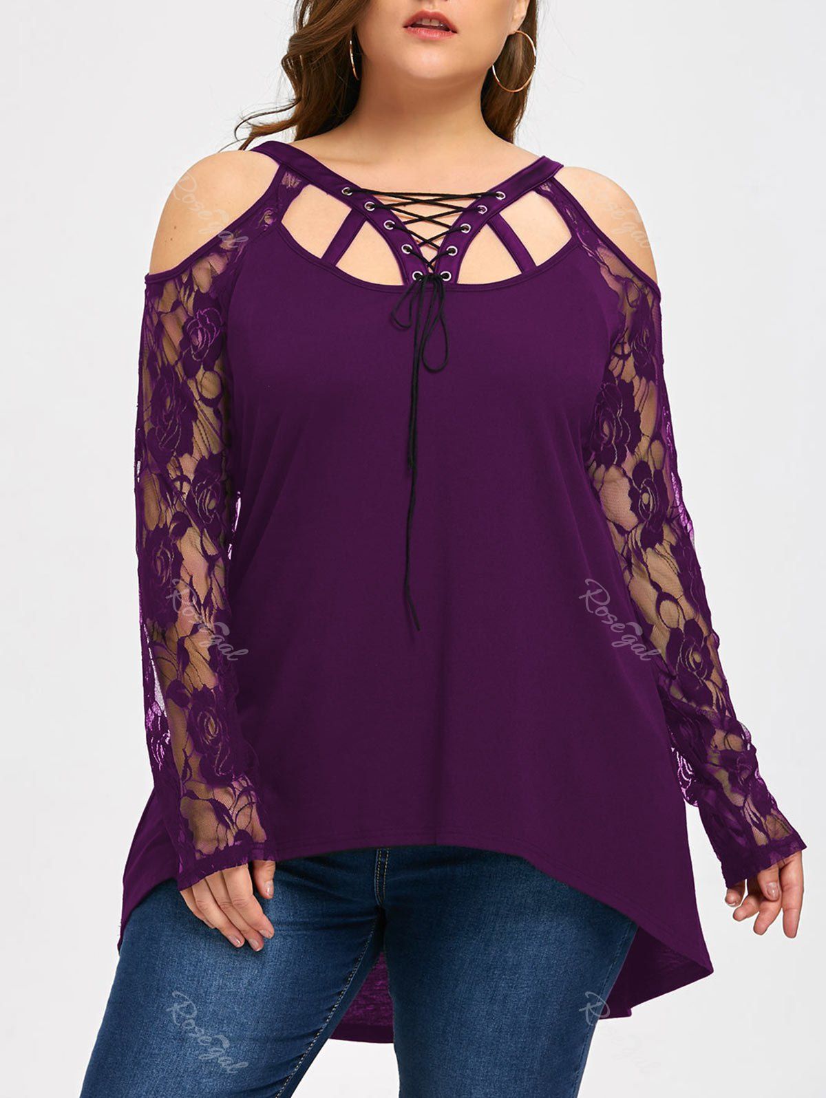 

Halloween Plus Size Lace Trim Cold Shoulder Top, Purple