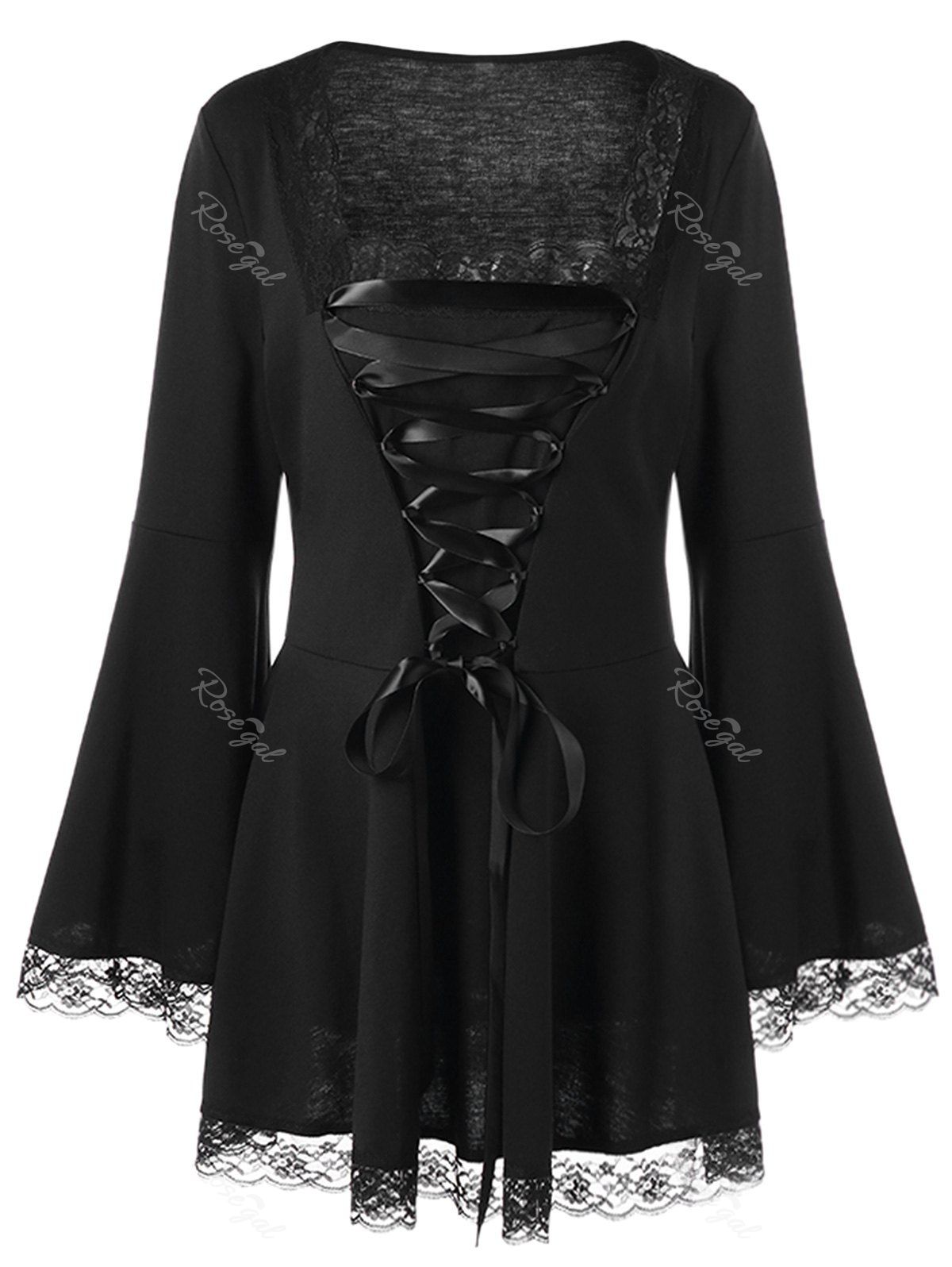 

Halloween Plus Size Lace Up Bell Sleeve Top, Black