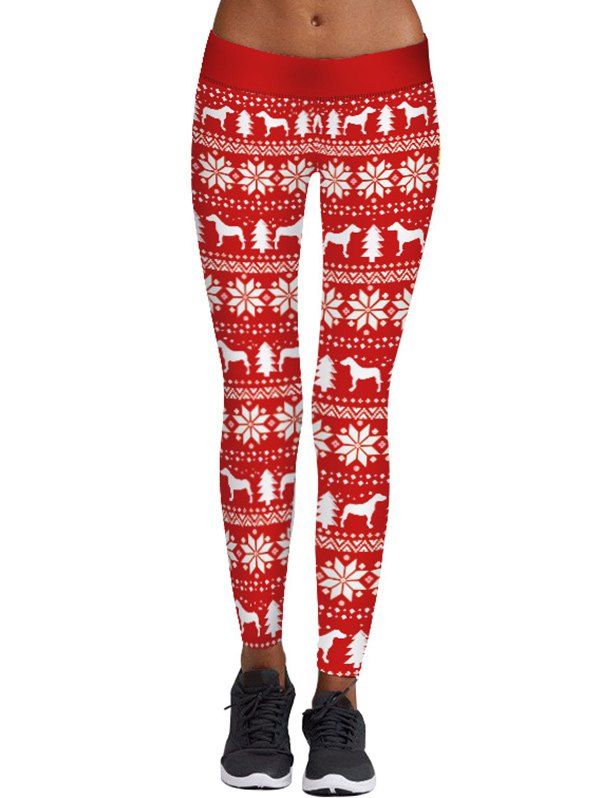 

Christmas Tree Snowflake Print Skinny Leggings, Red