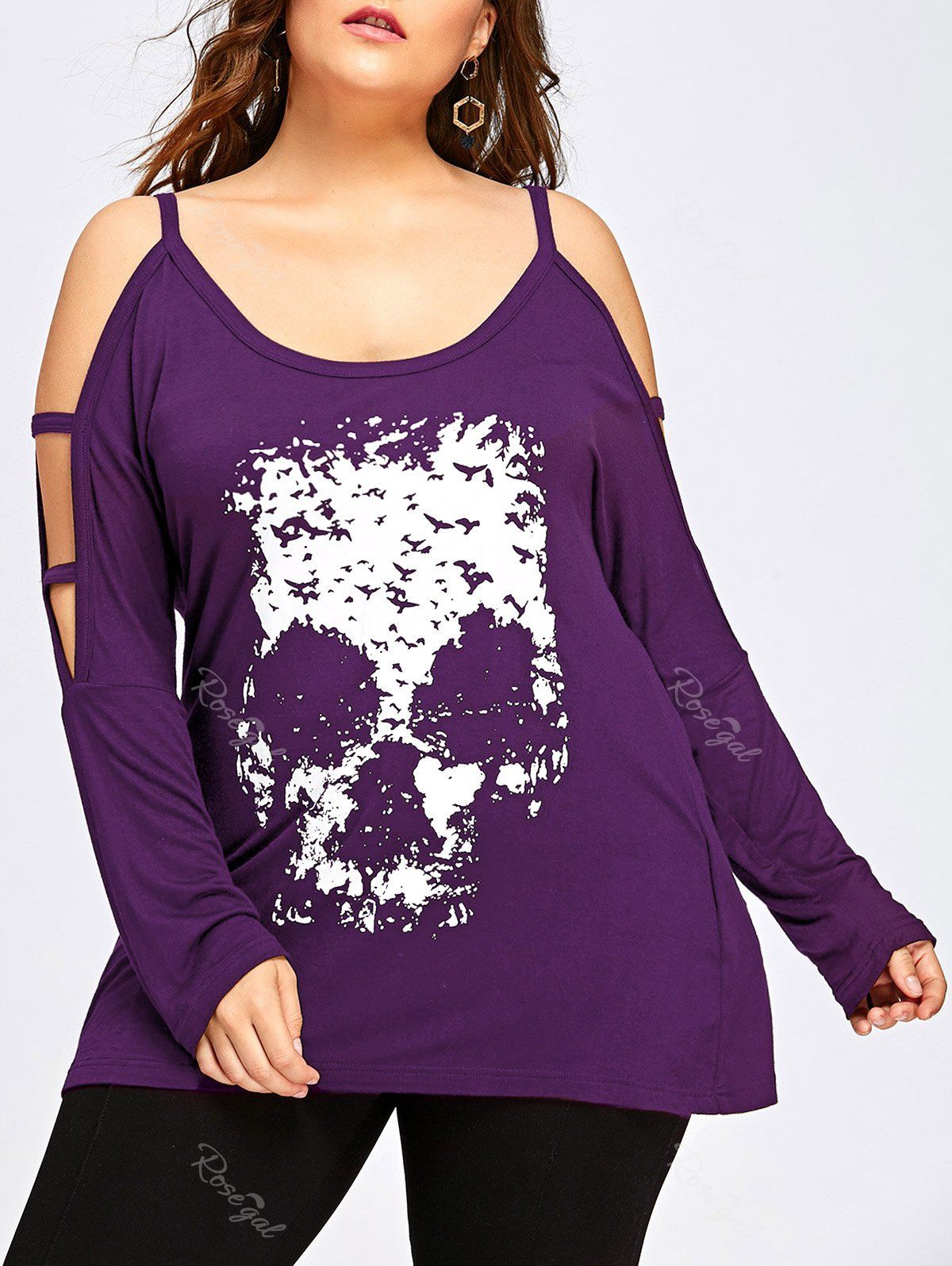 

Halloween Plus Size Skull Open Shoulder Top, Purple