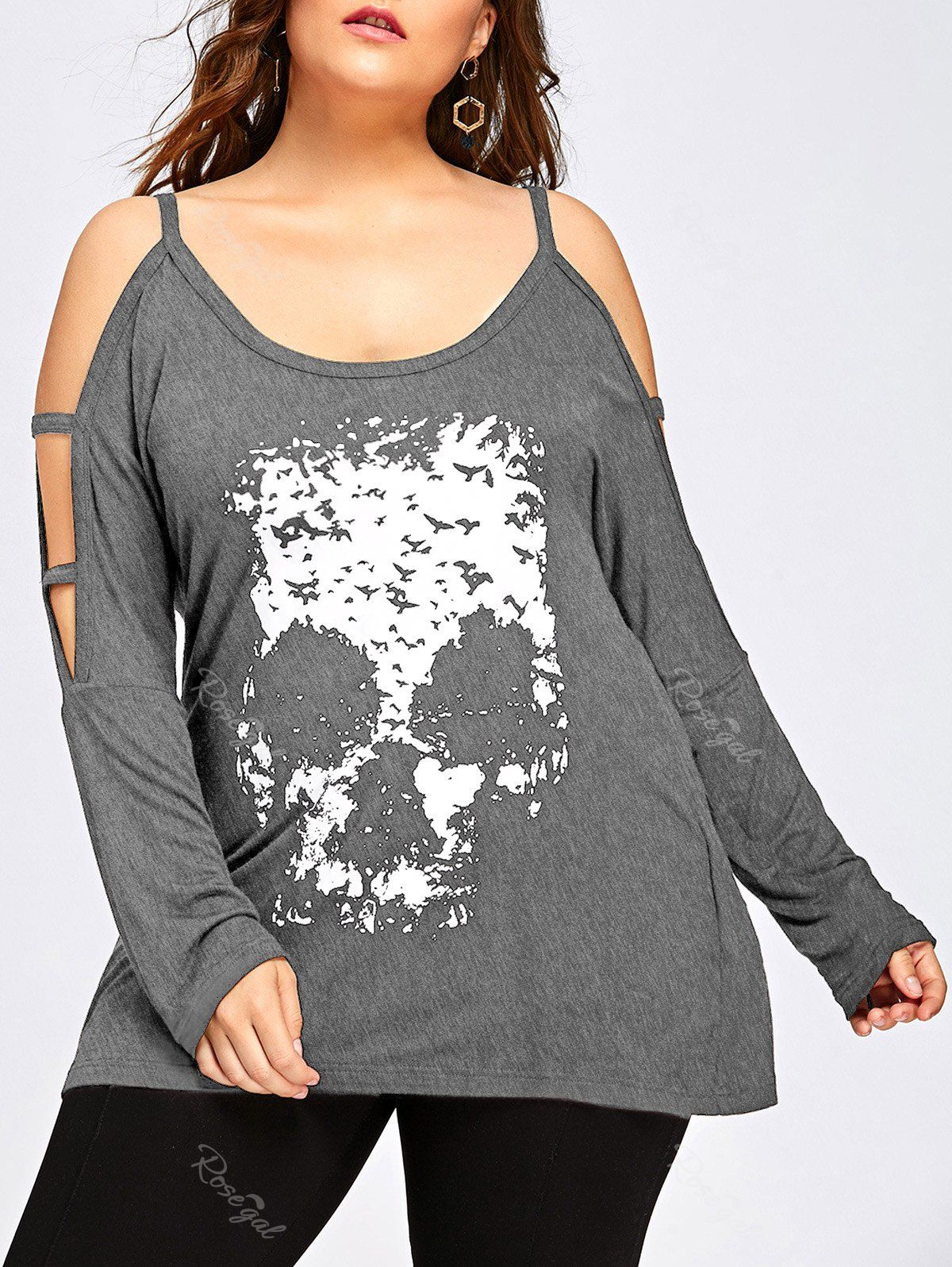 

Halloween Plus Size Skull Open Shoulder Top, Gray
