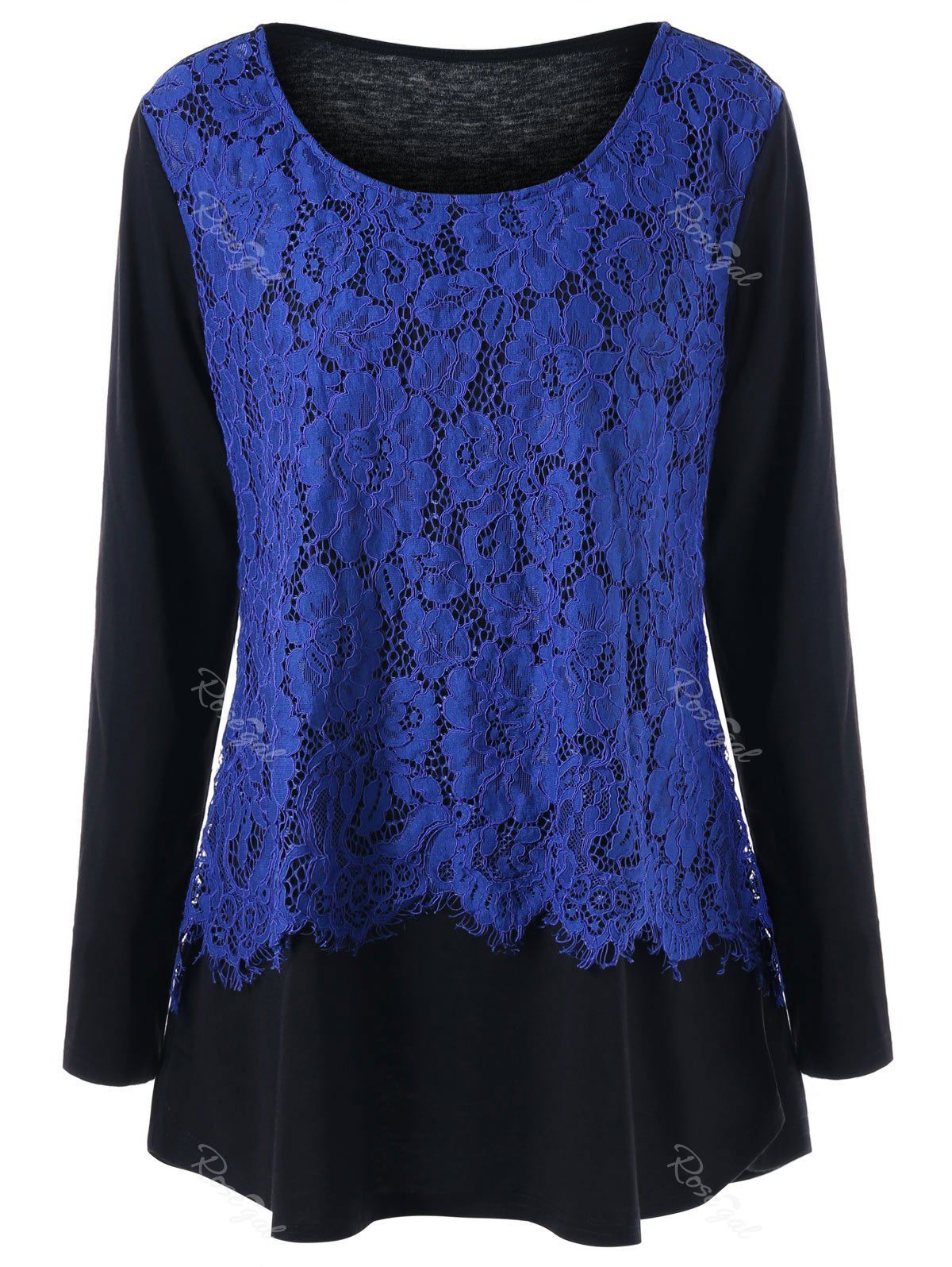 

Plus Size Lace Trim Two Tone Top, Blue