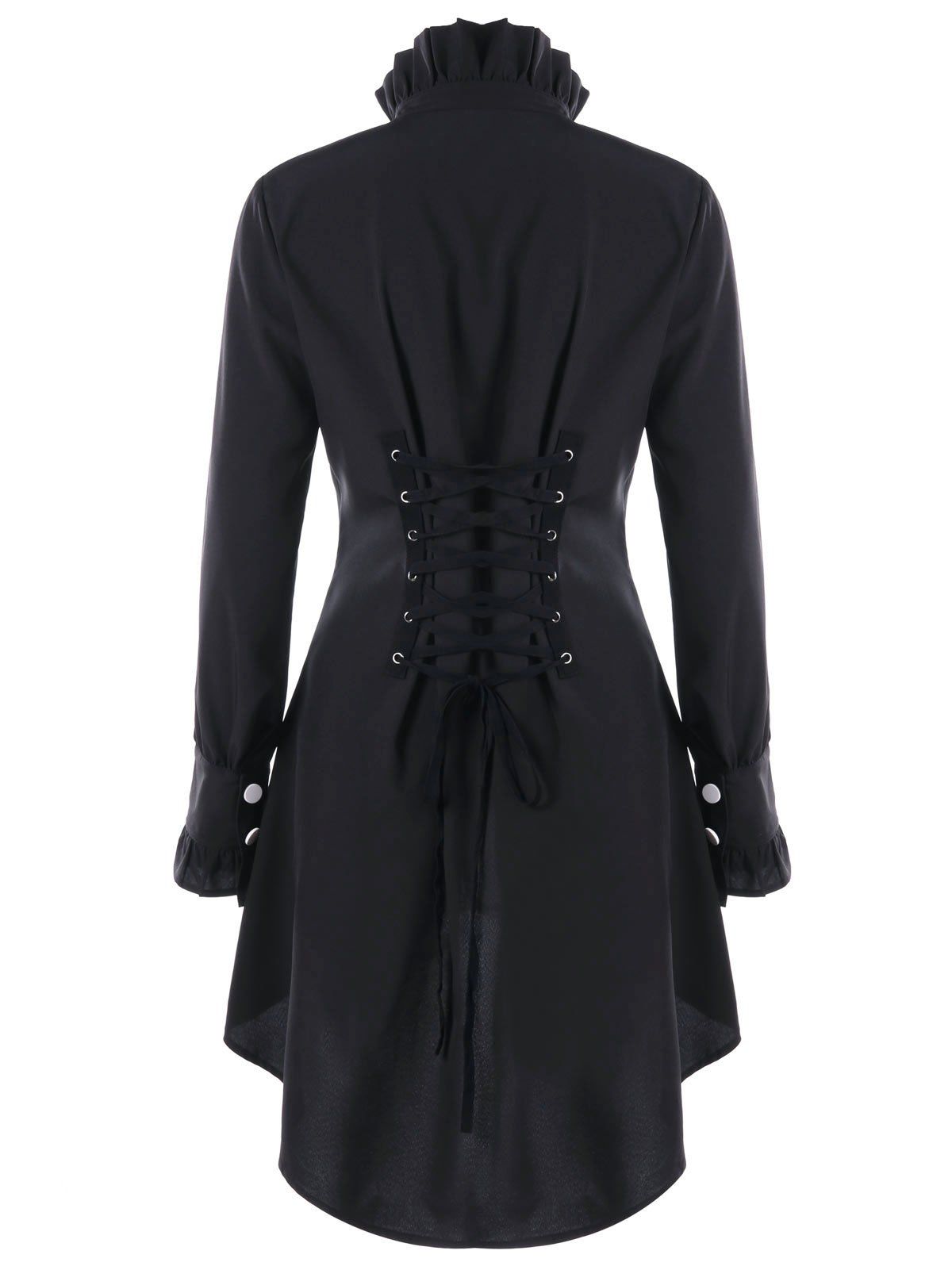 

Ruffle Collar Lace Up High Low Hem Coat, Black