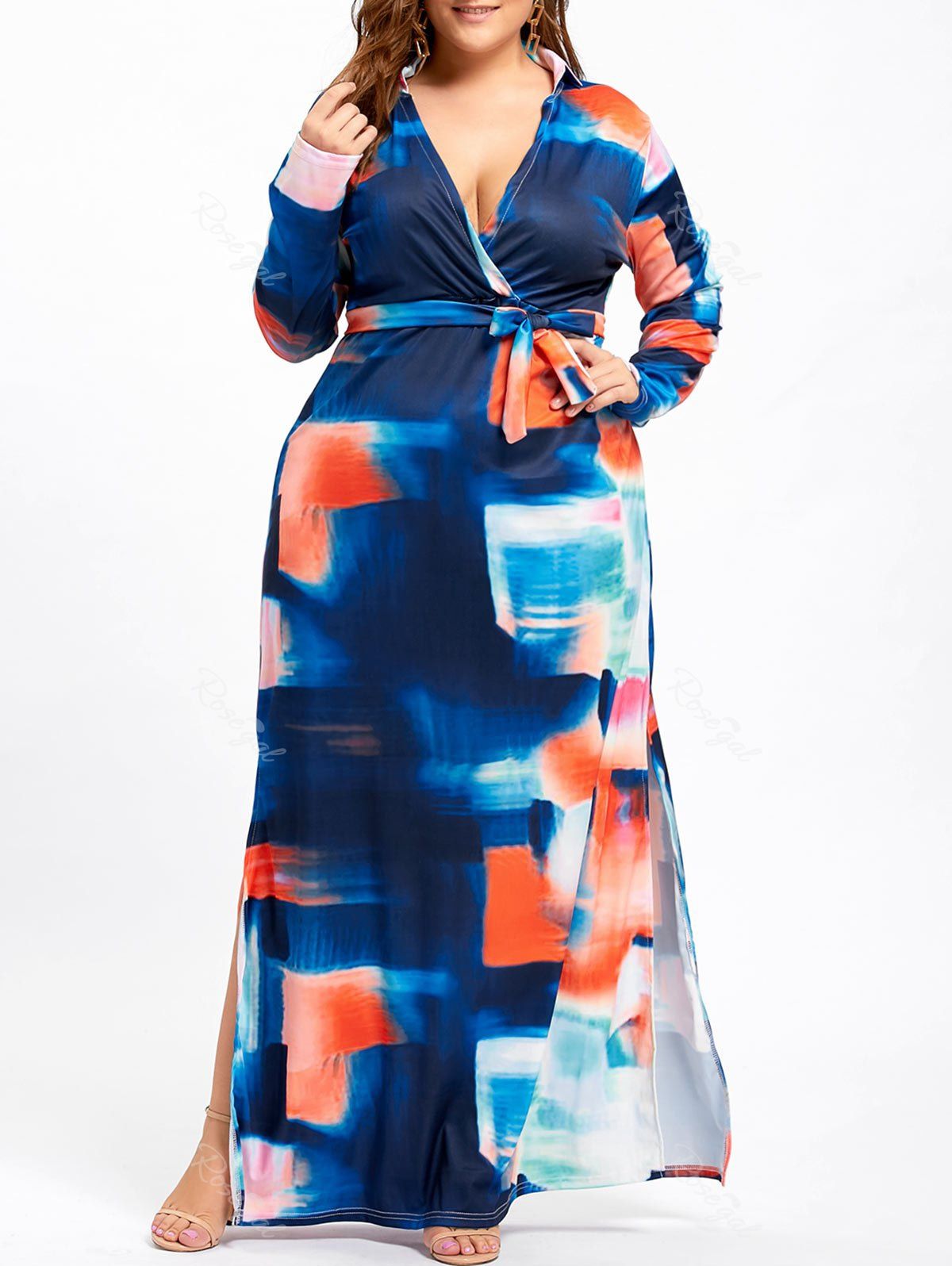 

Plus Size Tie Dye Illusion Surplice Slit Dress, Colormix