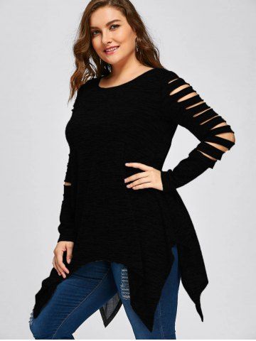 

Plus Size Ripped Sleeve Marled Handkerchief Top, Black