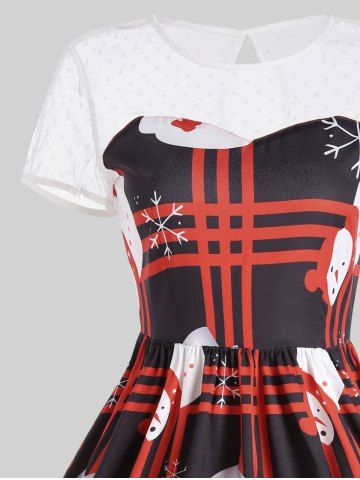 

Mesh Panel Christmas Snowman Plaid Party Dress, Red