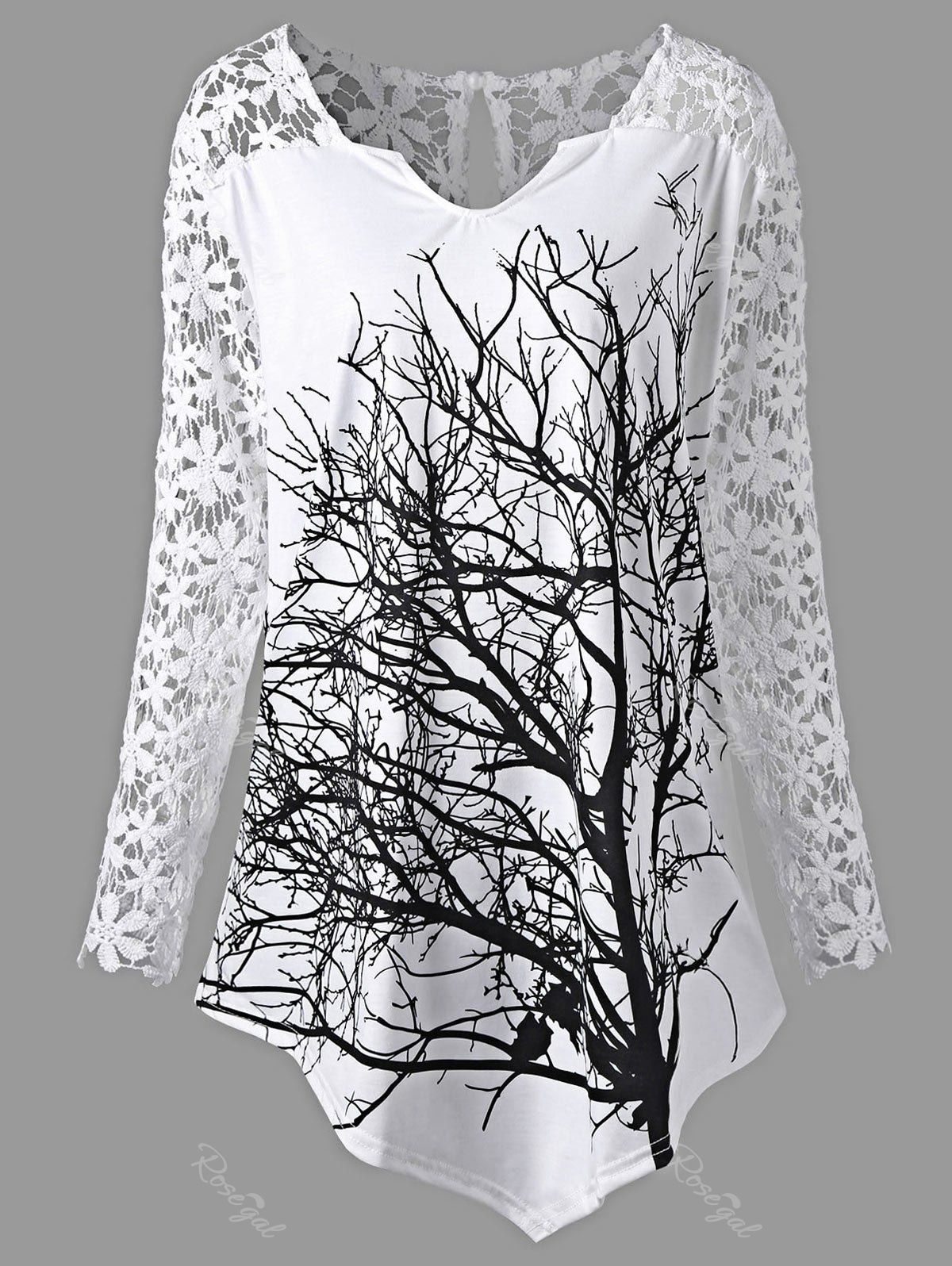 

Plus Size Lace Panel Tree Tunic Top, White