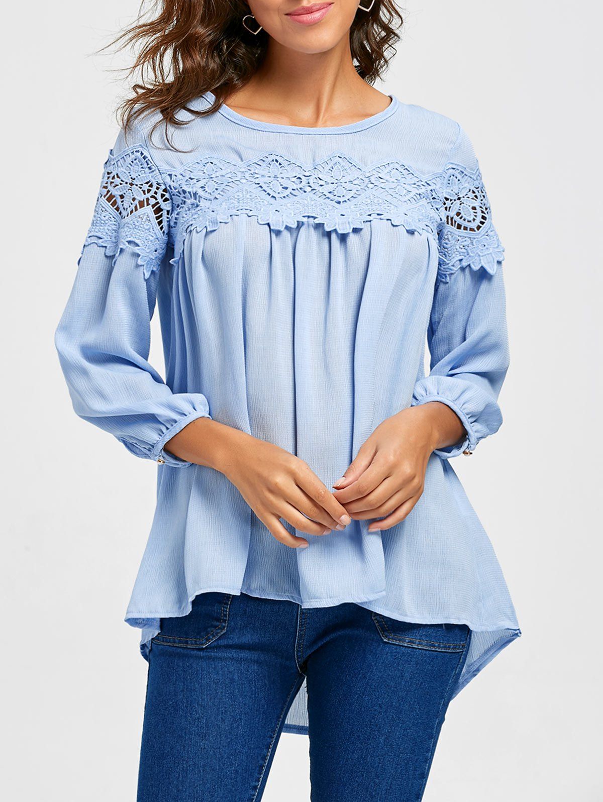 

Lace Insert Scoop Neck High Low Blouse, Light blue