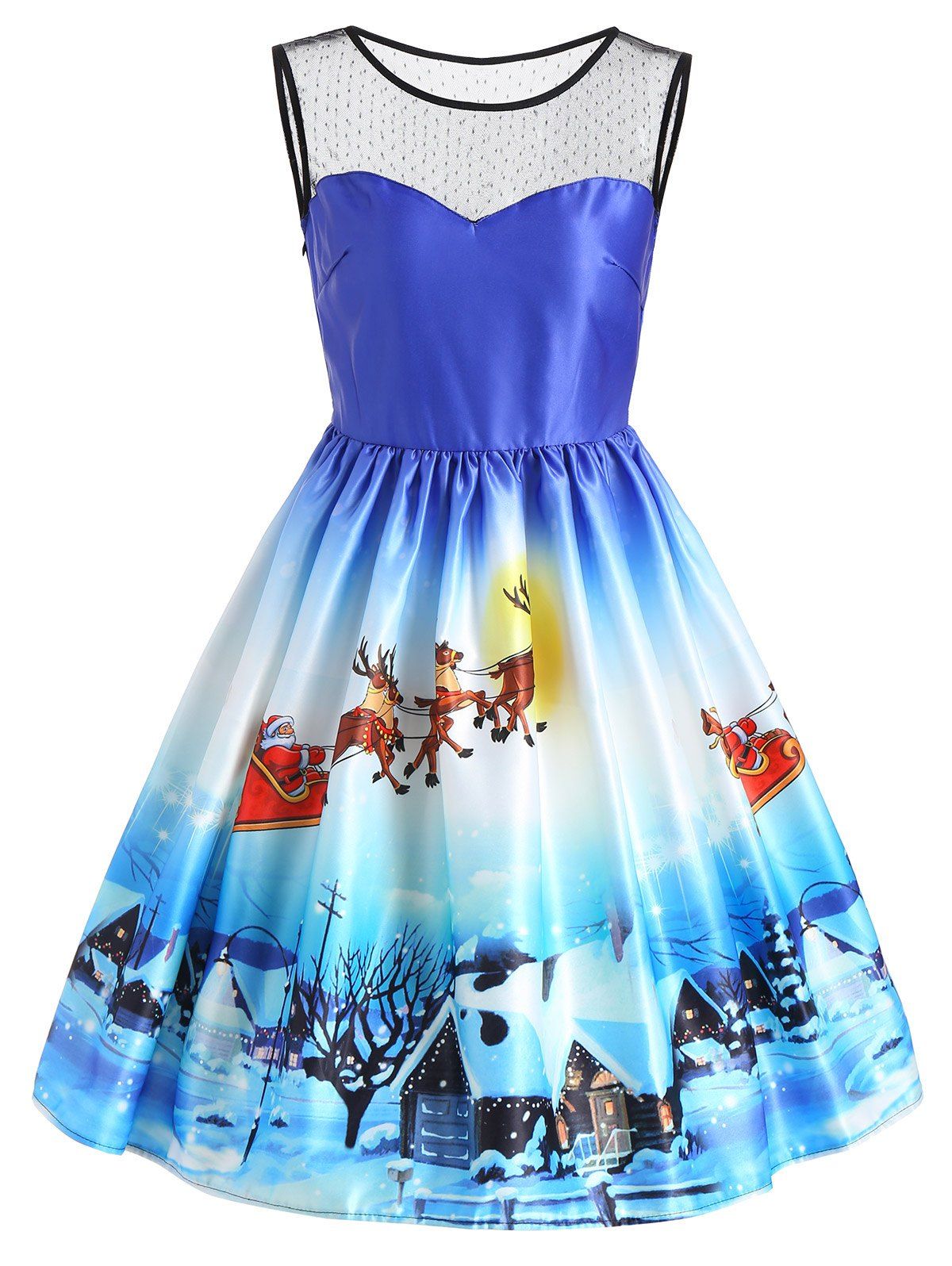 

Christmas Snow View Print Sleeveless Vintage Dress, Blue