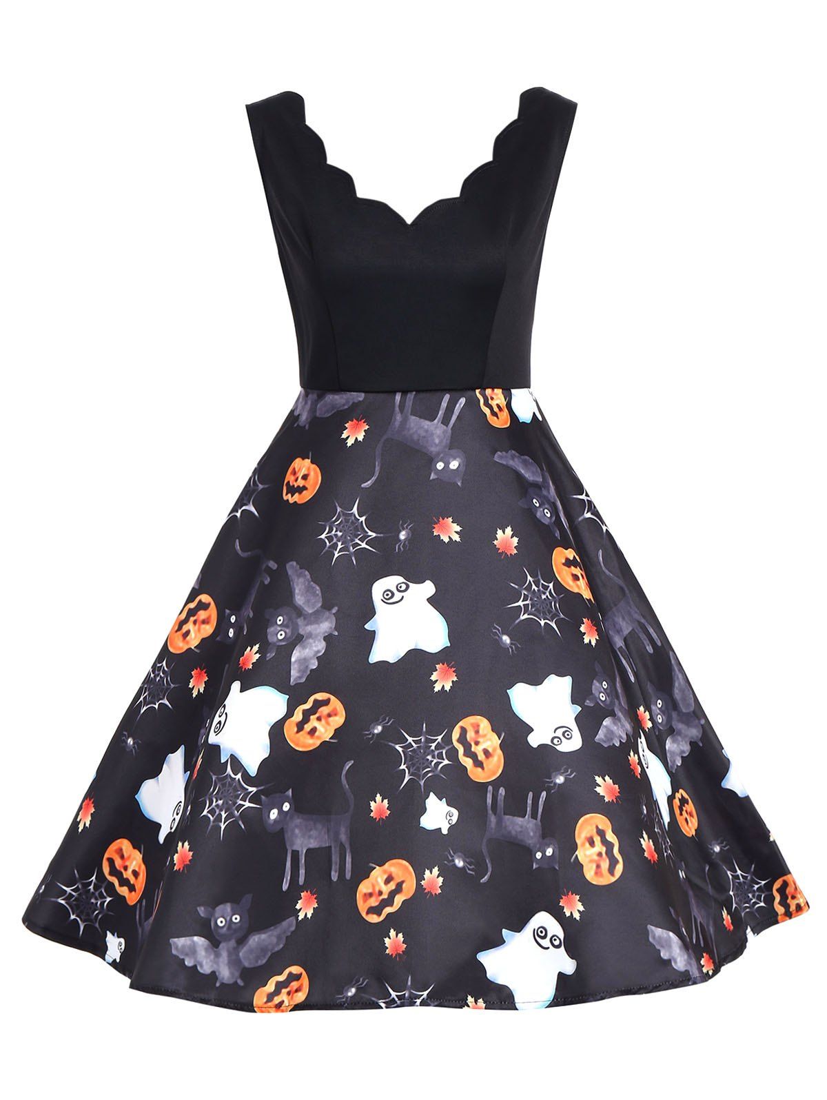

Halloween Print Scalloped Sleeveless Vintage Dress, Black