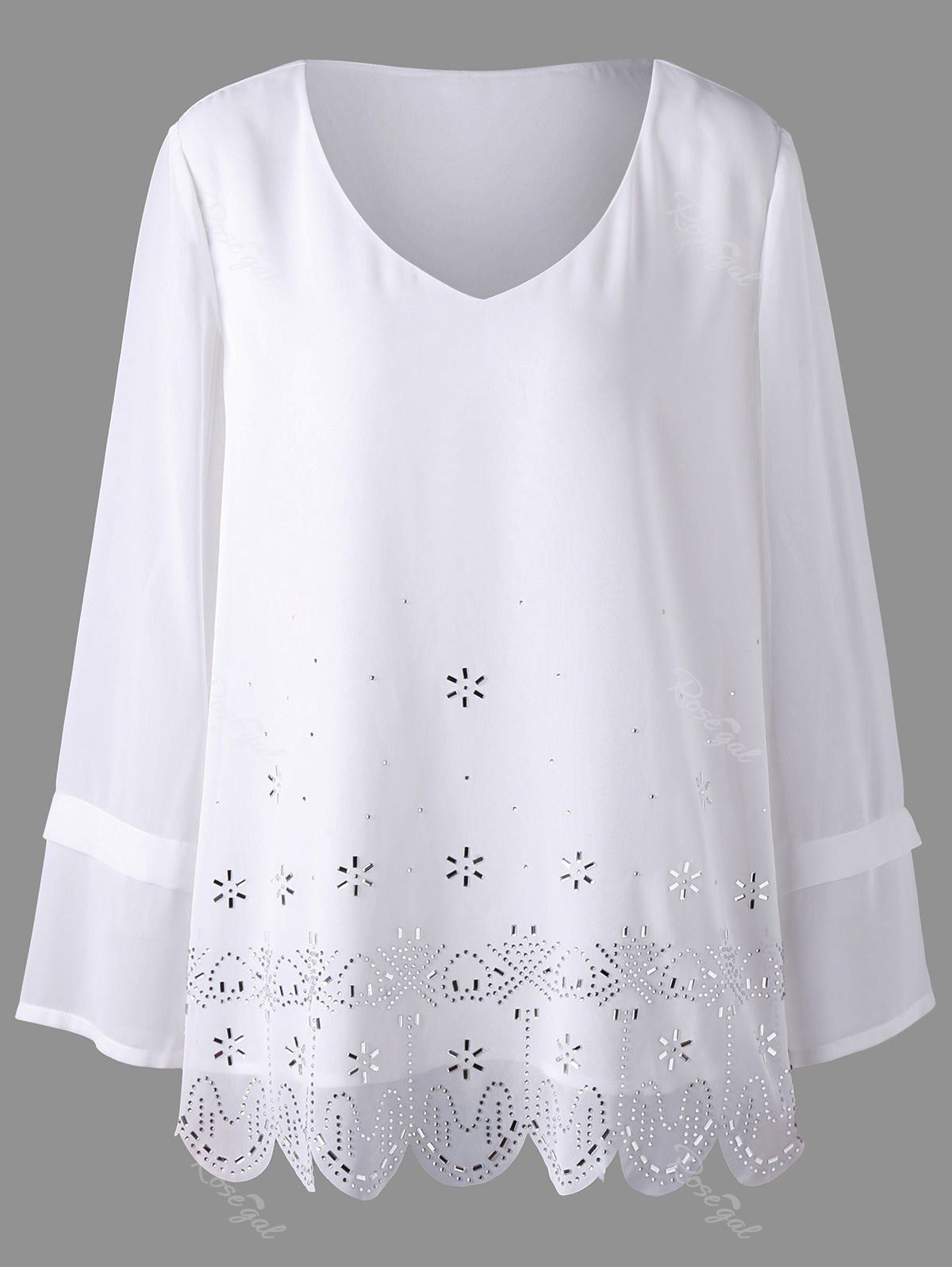 

Plus Size Embellished V Neck Scalloped Blouse, White