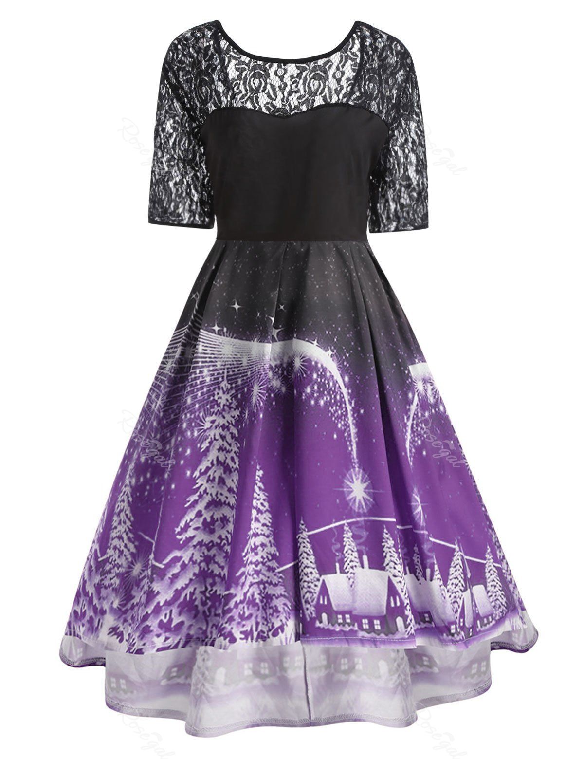 

Plus Size Lace Panel Vintage Christmas Party Dress, Purple